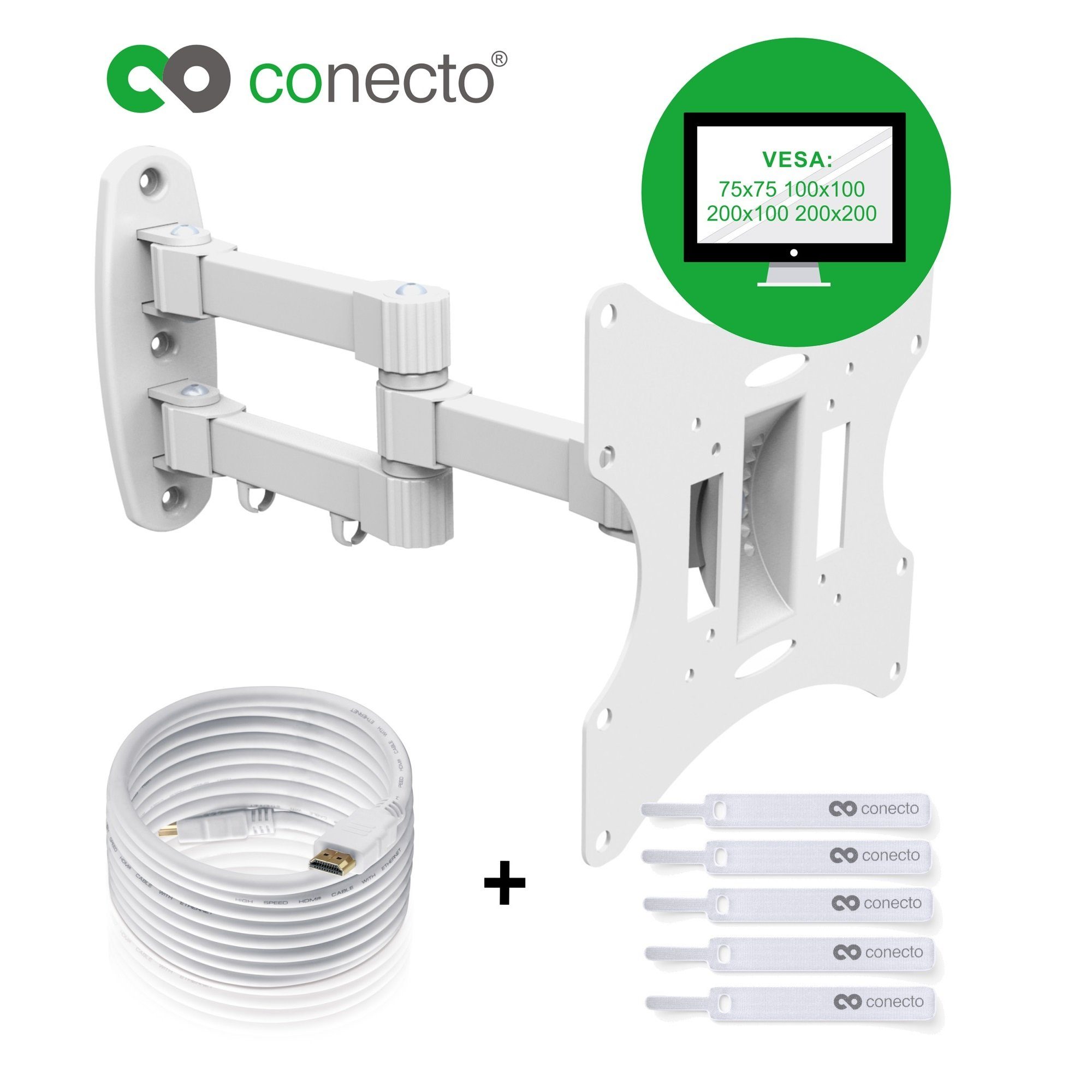 conecto TV-Wandhalterung TV Wandhalter für LCD LED Fernseher & Monitor, (bis 42 Zoll, inklusive HDMI-Kabel und Klett-Kabelbinder, schwenkbar, neigbar, ausziehbar)