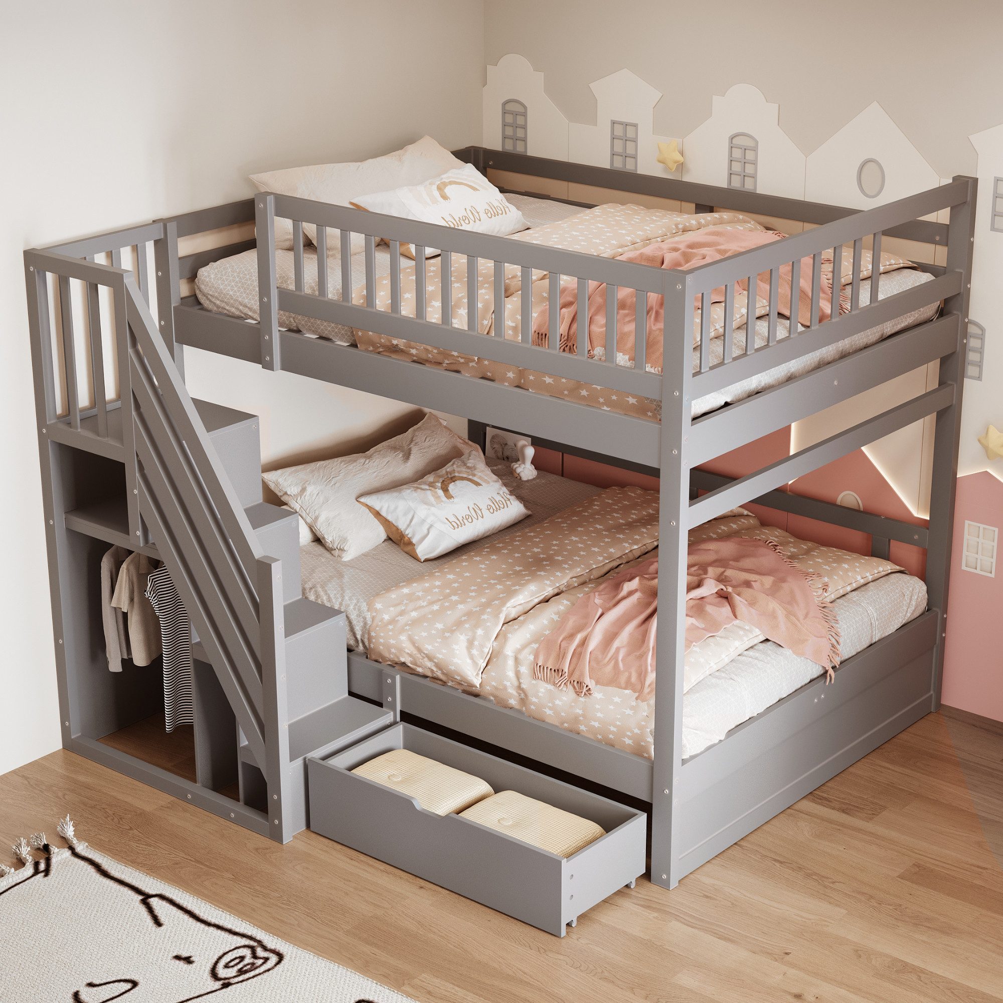 Merax Etagenbett (1-St., Hochbett Stockbett mit Sicherheitszaun), Massivholzbett Kinderbett 140x200cm mit Stauraumtreppe & Schublade