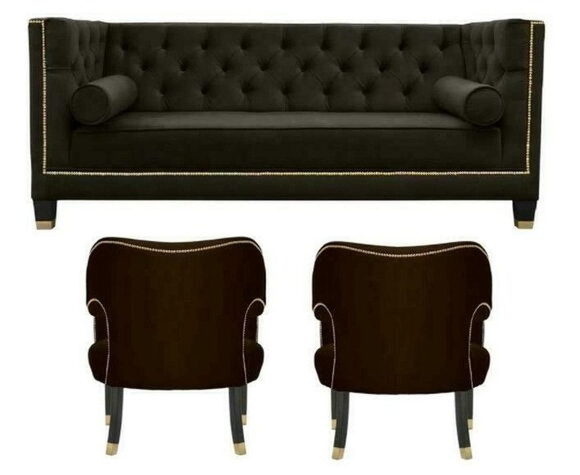 Xlmoebel Polstergarnitur Großer schwarzer Textil-Stoff-Sessel von Chesterfield für gemütliche, (Chesterfield + 2 Sessel), Hergestellt in Europa