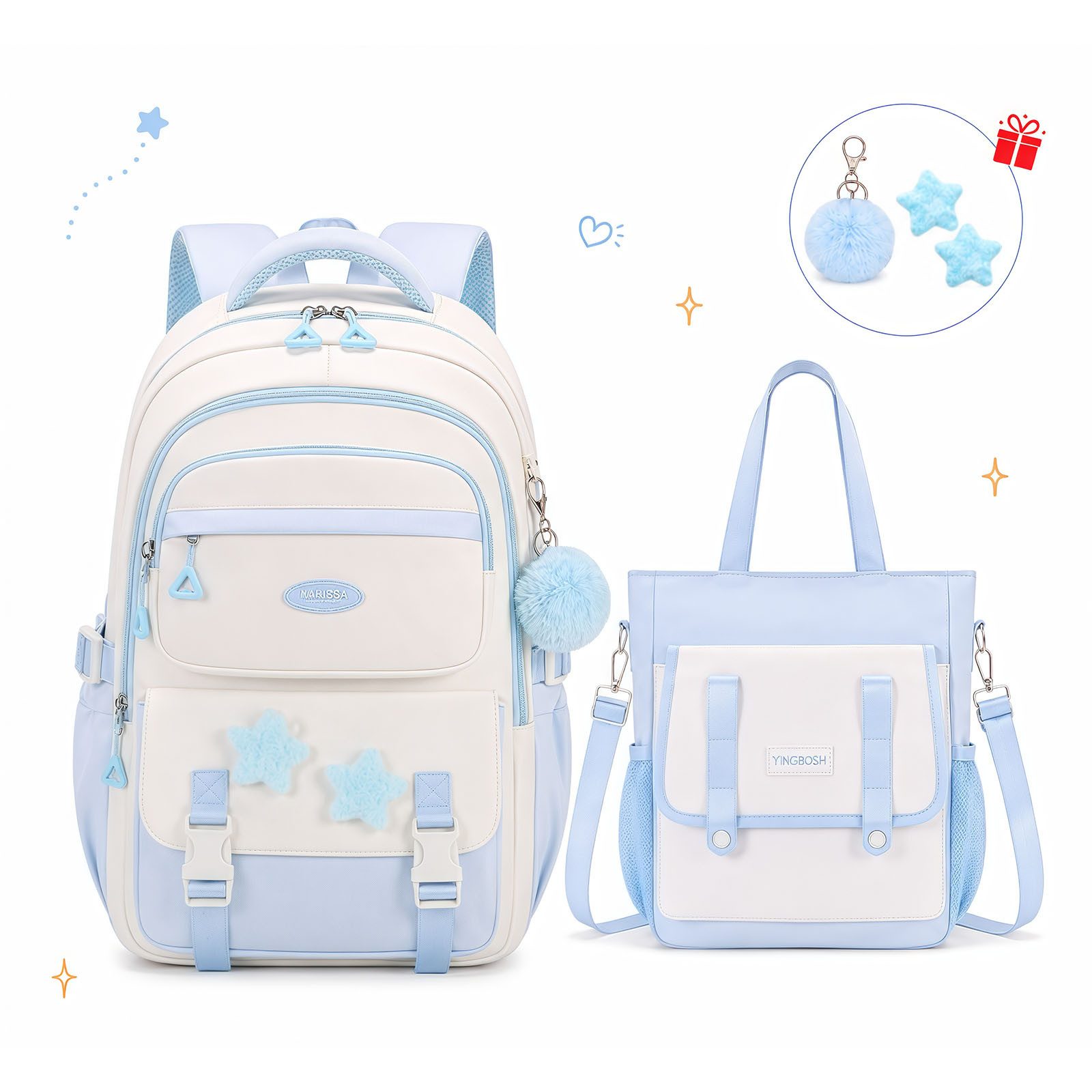 MOPUEA Schulrucksack Schulrucksack Mädchen, Großes Fassungsvermögen (Mit Trolleyband, Pom-Pom-Anhänger und Sternenabzeichen, Bequem, 2-tlg., Lässiger Rucksack für Teenager, Ideal für Schule, Schulstart), 2-teiliges Set mit Schulrucksack & Nachhilfebeutel