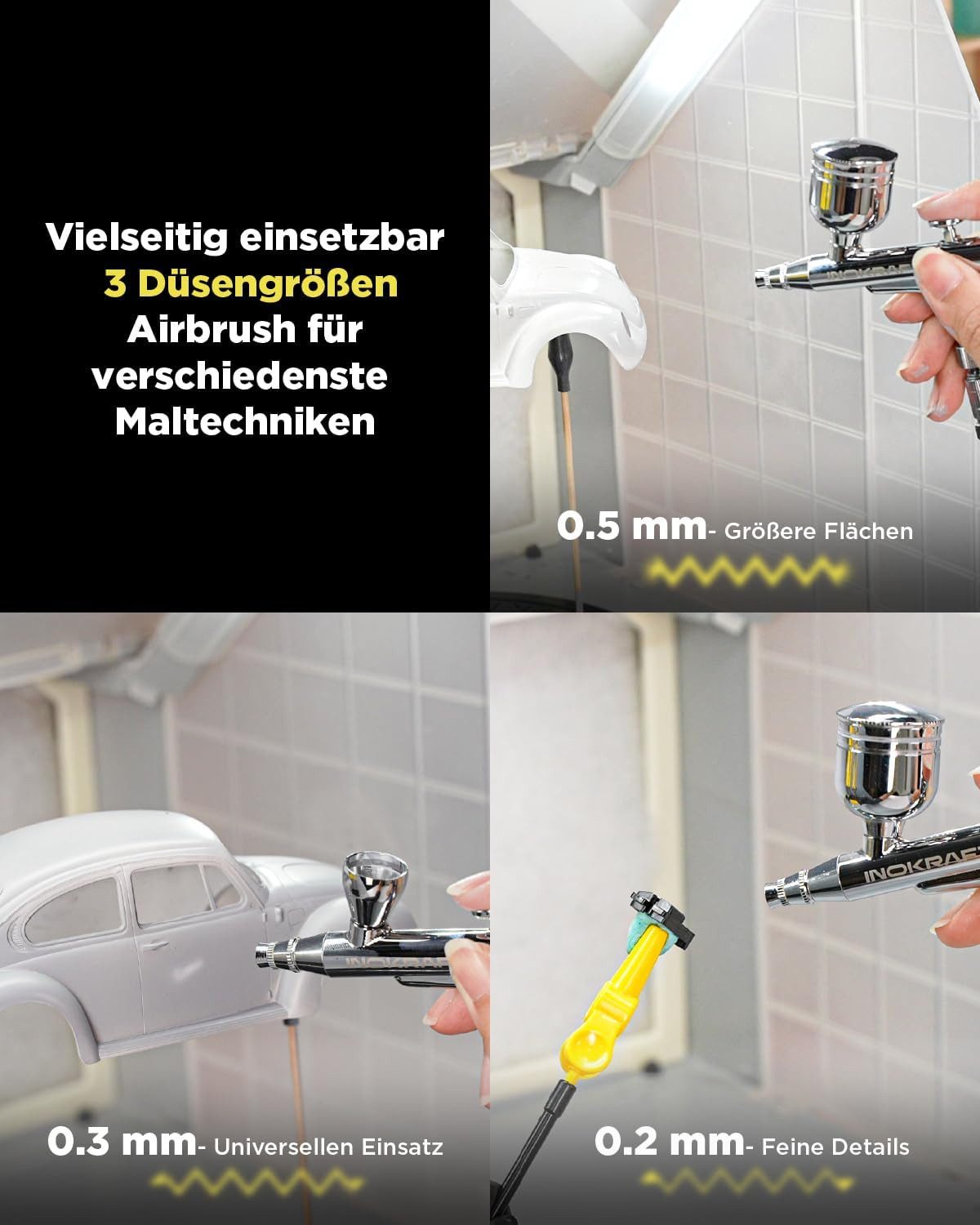 InoKraft Airbrushpistole InoKraft Airbrush-Set mit, max. 34 bar, 22 l/min, Airbrush-Komplettset, Komplettes Airbrush-Starterset für Anfänger und Fortgeschrittene, Leiser 47-dB-Kompressor, 3 Düsen und leichte Reinigung für Einsteiger