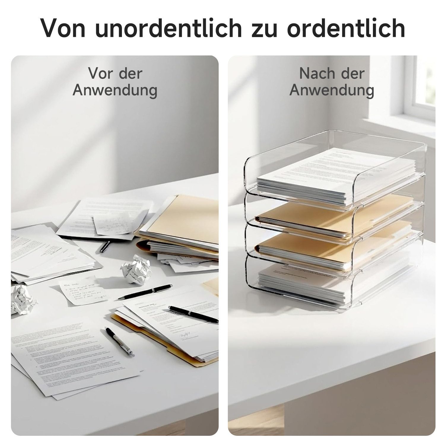 OSTWOLKE Briefablage Papierablage Dokumentenablage A4 stapelbare Schreibtisch Organizer, transparent, PET, 4 Fächer für Zuhause, Büro, Schule