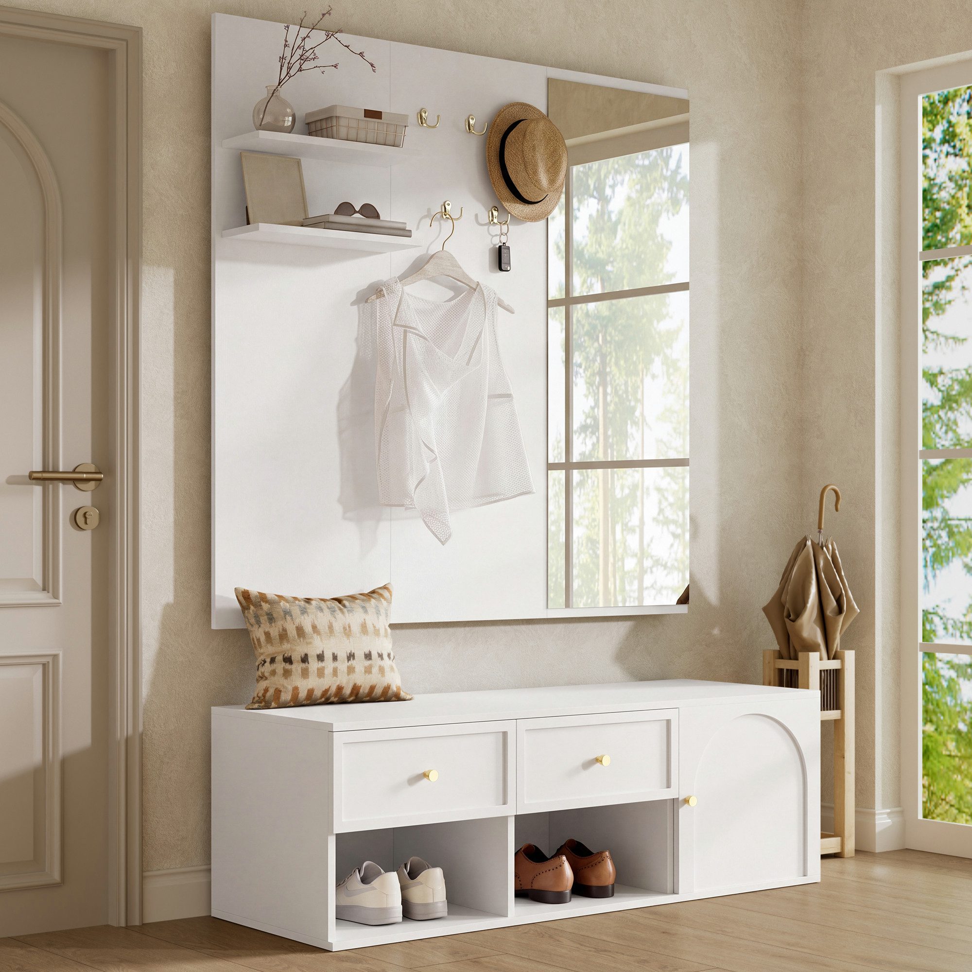 Flieks Garderoben-Set Wandgarderobe mit Schubladen, Schuhregal, Sitzbank, 5 Haken, Spiegel, (B120xT35xH159 cm), Kompaktgarderobe Flurschrank Einganschrank Flurm – Bild 4 von 5