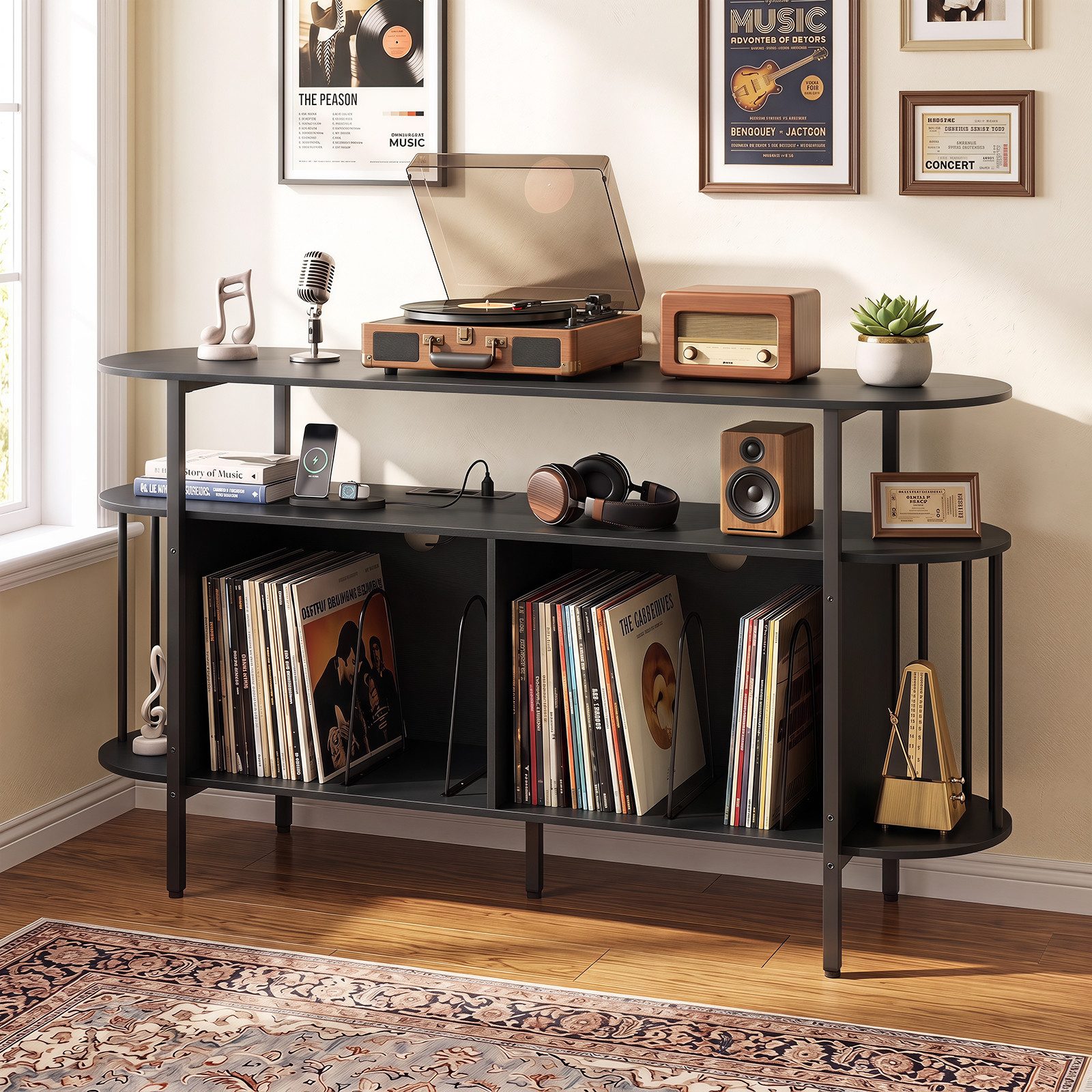 COSTWAY Sideboard Plattenspieler Regal mit Steckdose & LED, Plattenspieler-Ständer – Bild 2 von 5