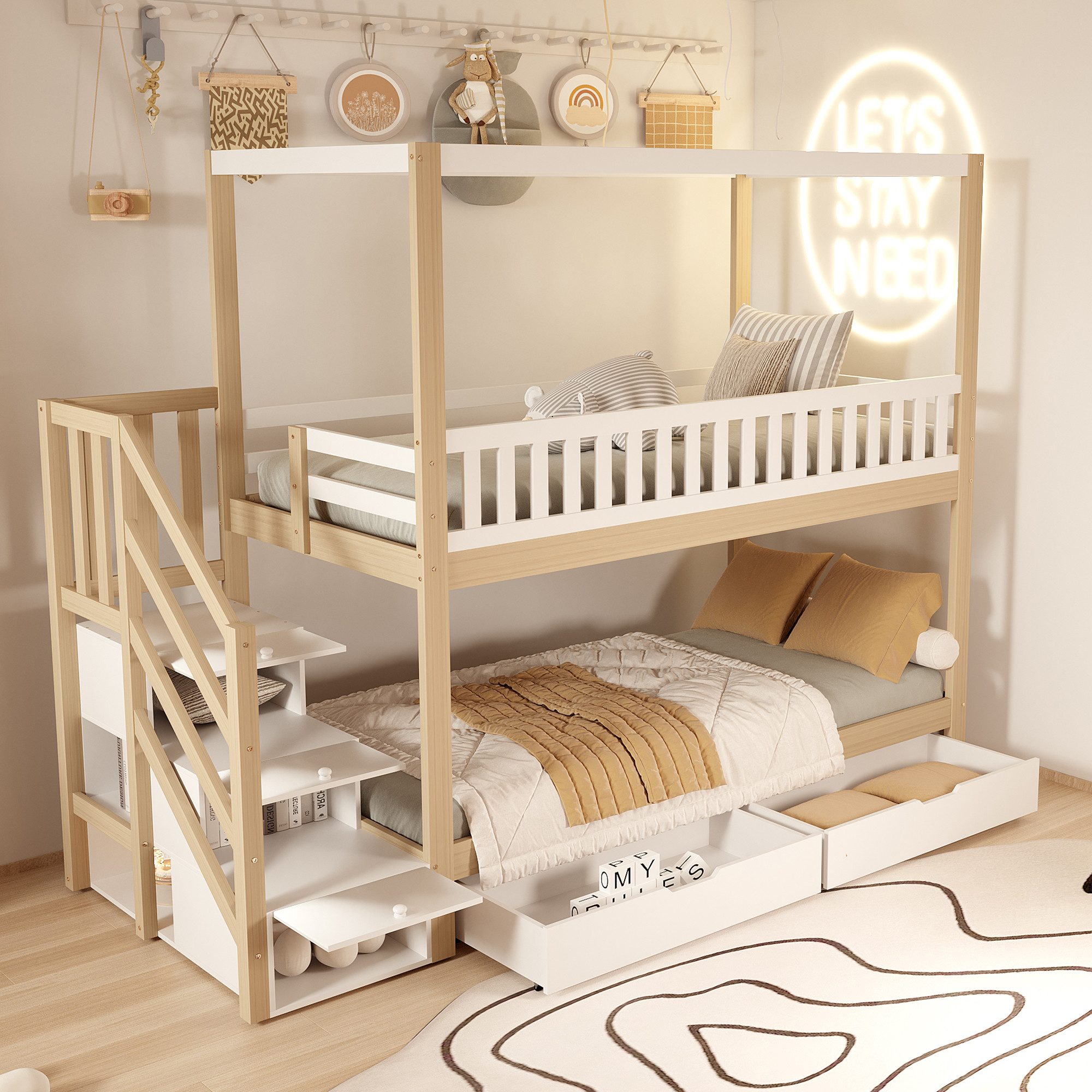 Flieks Etagenbett, Massivholz Kinderbett 90x200cm mit 2 Schubladen und Stau günstig online kaufen