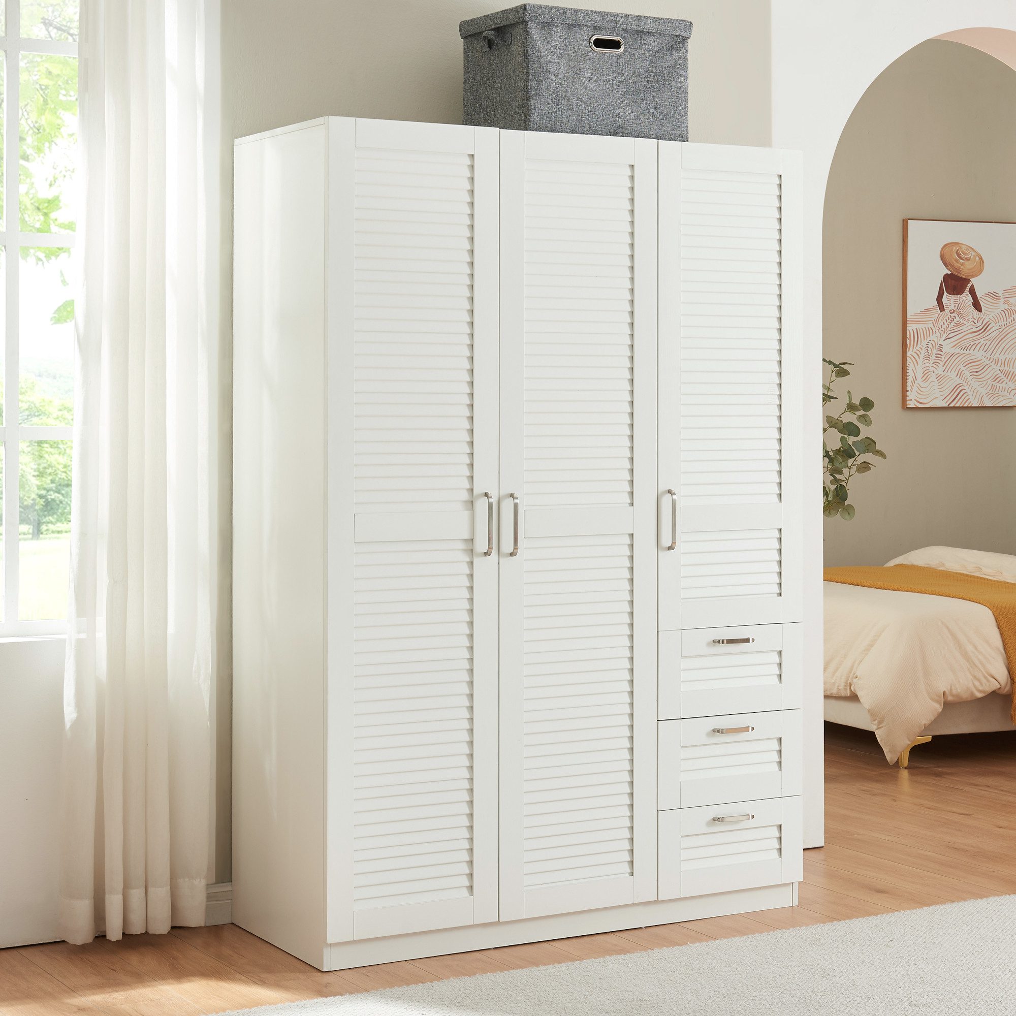 en.casa Kleiderschrank »Finning« 1 Stange, 4 Fächer, 3 Schubladen 176x120x52 cm Weiß