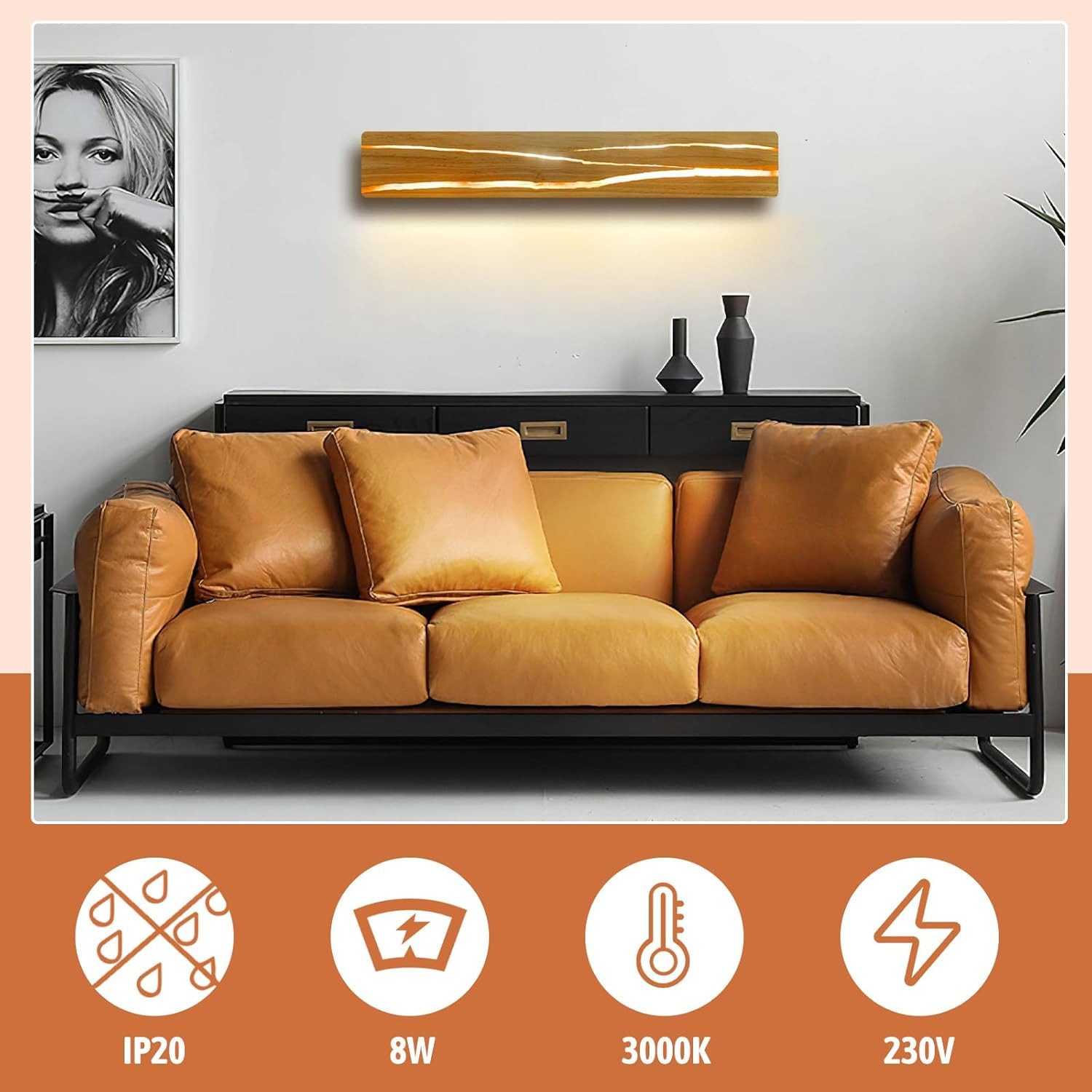 ZMH LED Wandleuchte Holz 18W/8W Nachtlampe Flur Treppe Beleuchtung Wohnzimmer, Energieeffizient, LED fest integriert, Warmweiß
