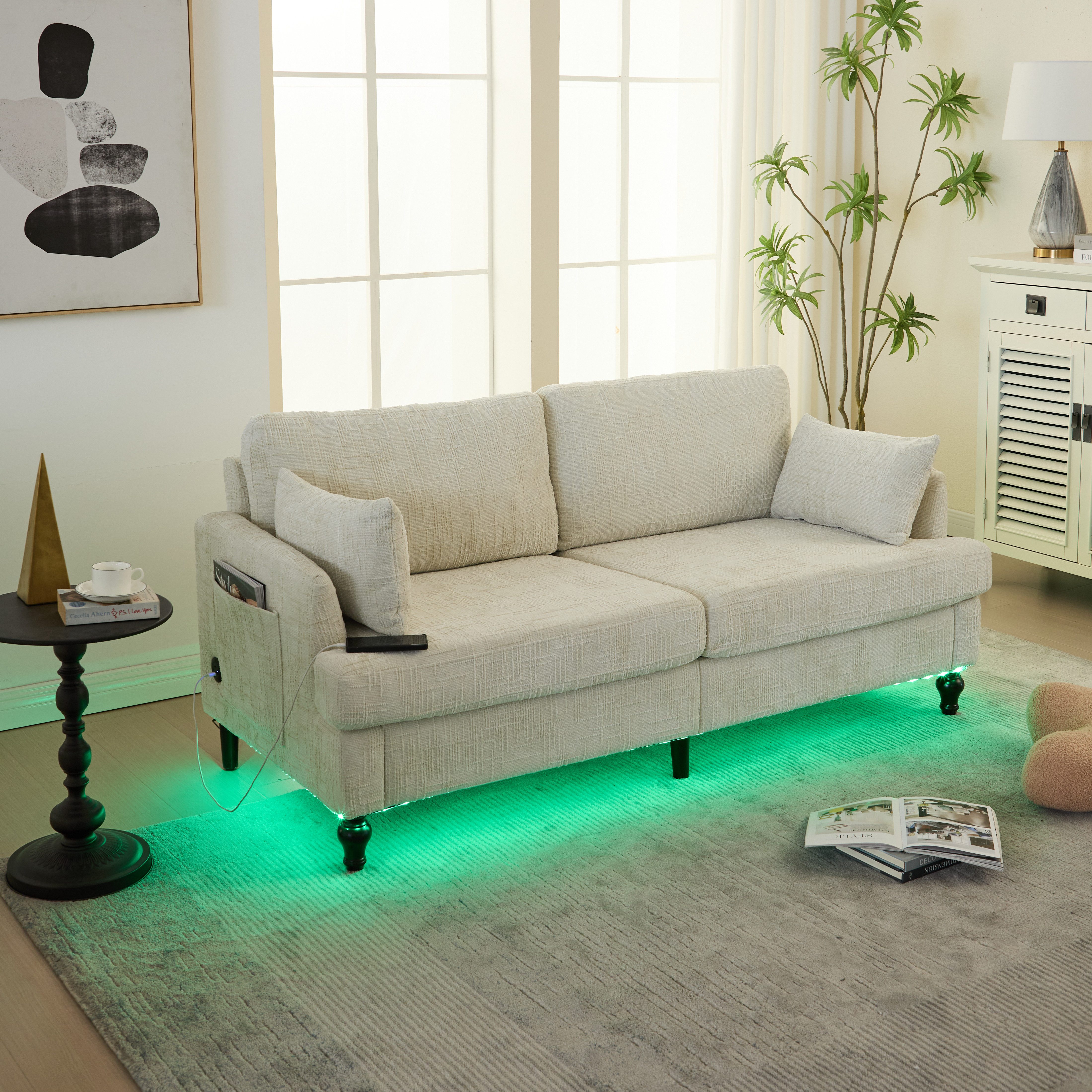 STILVORA Sofa 2-sitziges Sofa mit LED&USB,Modernes Sofa Doppelsofa mit Stautasche, 2-Sitzer Chenille-Wohnzimmersofa mit USB-Anschluss & LED, moderne Couch mit Stauraum, für Wohnzimmer, Schlafzimmer & Büro