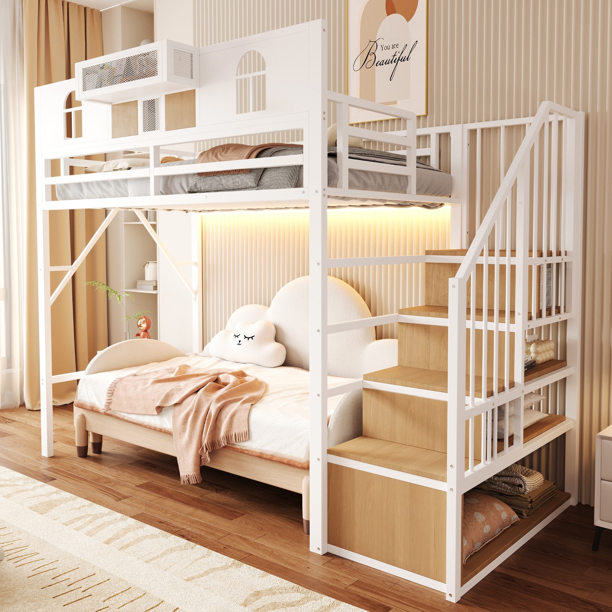 Ulife Hochbett 90 x 200 cm, Mit Stauraumleiter und Lichtleiste, Ablagefach, Fenster (3-St) Holzplatten und Metallgitterelementen, Erhöhte Umzäunung, Weiß – Bild 5 von 5