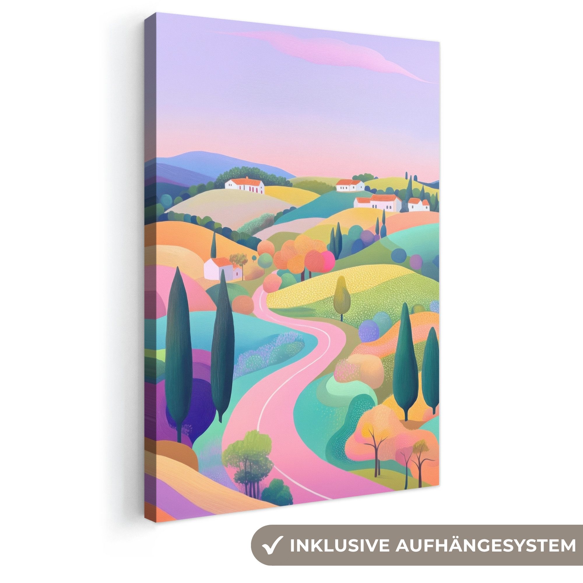 OneMillionCanvasses® Leinwandbild Landschaft - Lila - Pastell - Häuser, Fotodruck (1 St), Leinwand Canvas Wandbild, Wanddekoration 20x30 cm