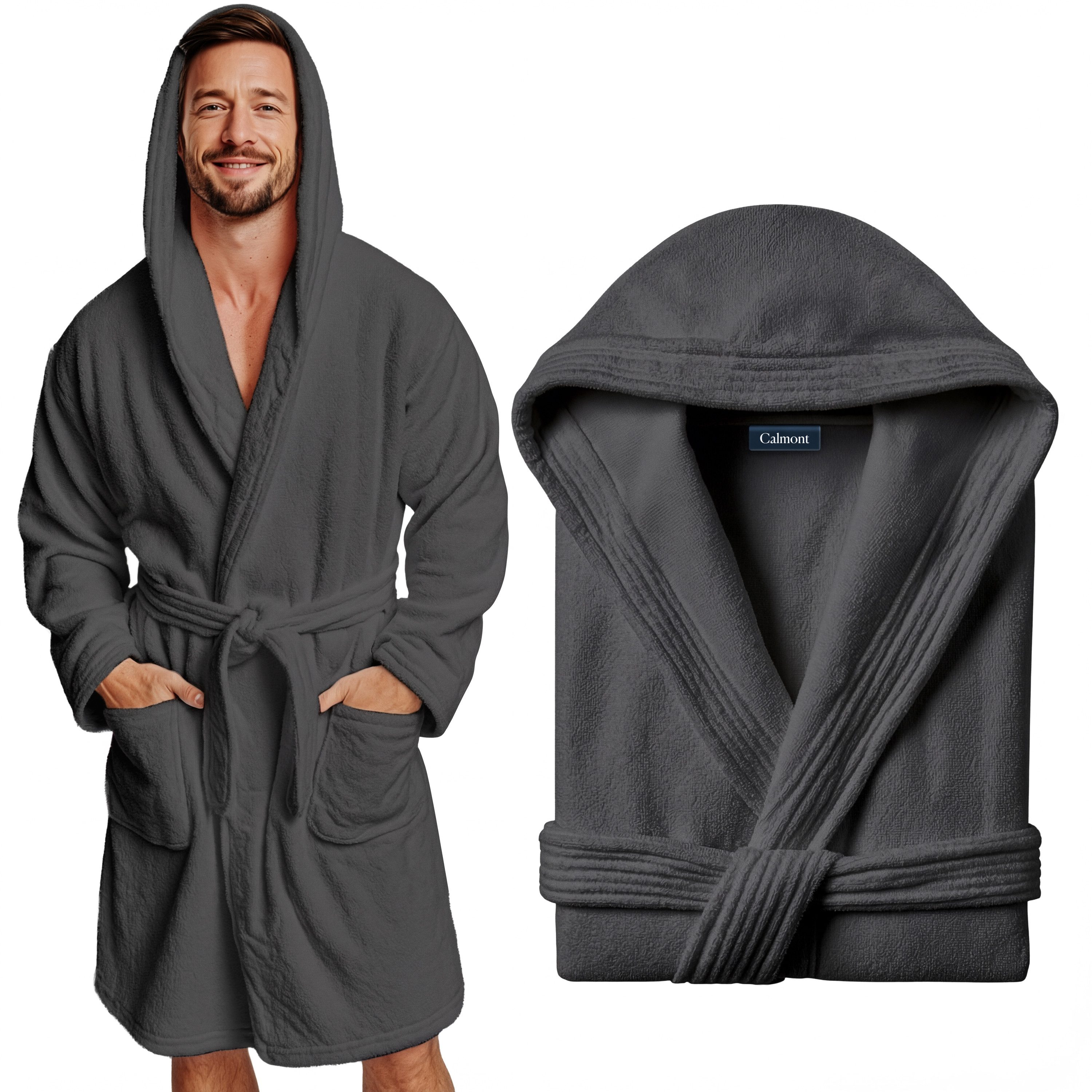 CALMONT Herrenbademantel CALMONT - Bademantel Herren aus 100% Baumwolle Frottee mit Kapuze, Kapuze, Gürtel, Kapuze, Große Taschen, Gürtel, Aufhängeschlaufe