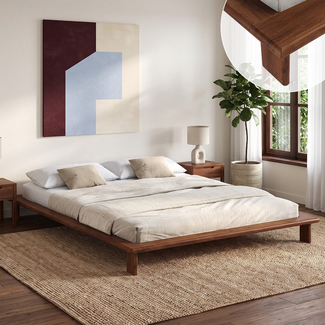 skølm Futonbett Skald aus Massivholz Eiche, Holzbett 25 cm hoch (Walnussoptik, 160x200 cm), Massivholzbett lackiert, Doppelbett in 120/140/180x200 cm verfügbar