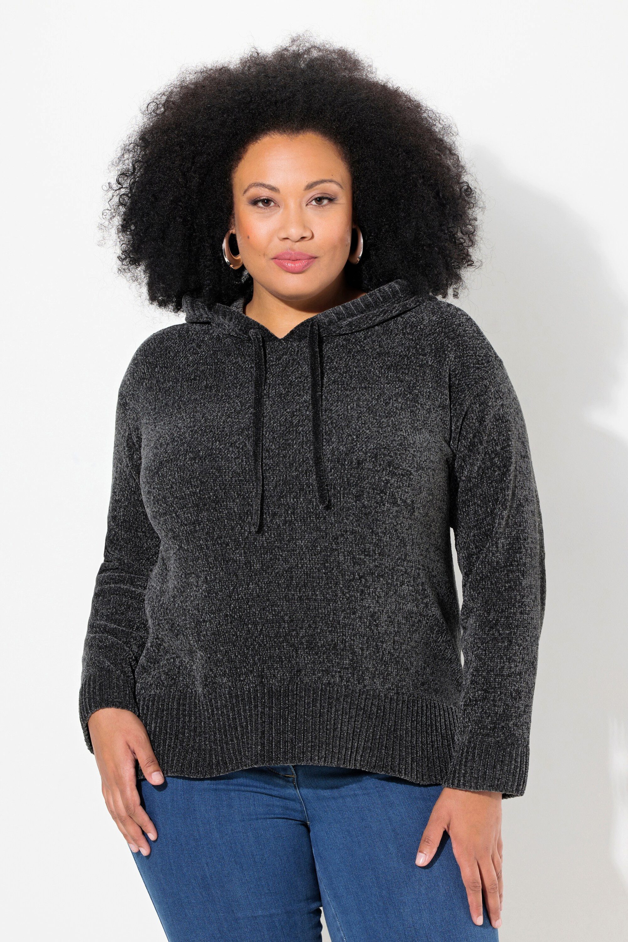 Wollpullover Chenille-Hoodie Kapuze Kordel Langarm
