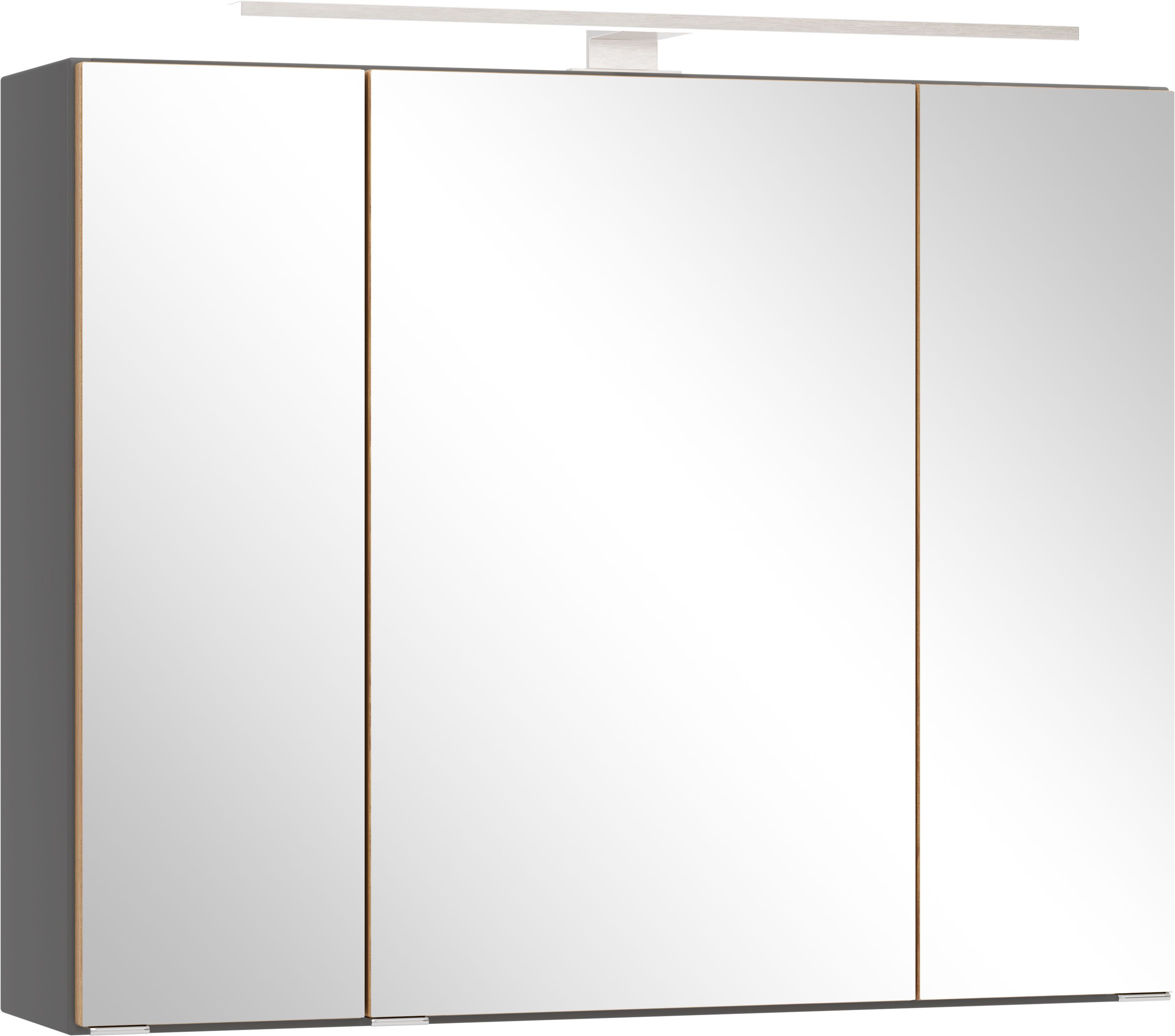 welltime Spiegelschrank TRIENT, 3D-Spiegelschrank 80 cm, gedämpfte Scharniere (Maße (B/H/T): ca. 80/64/20 cm) onyx-grey/Wildeiche, gedämpfte Scharniere