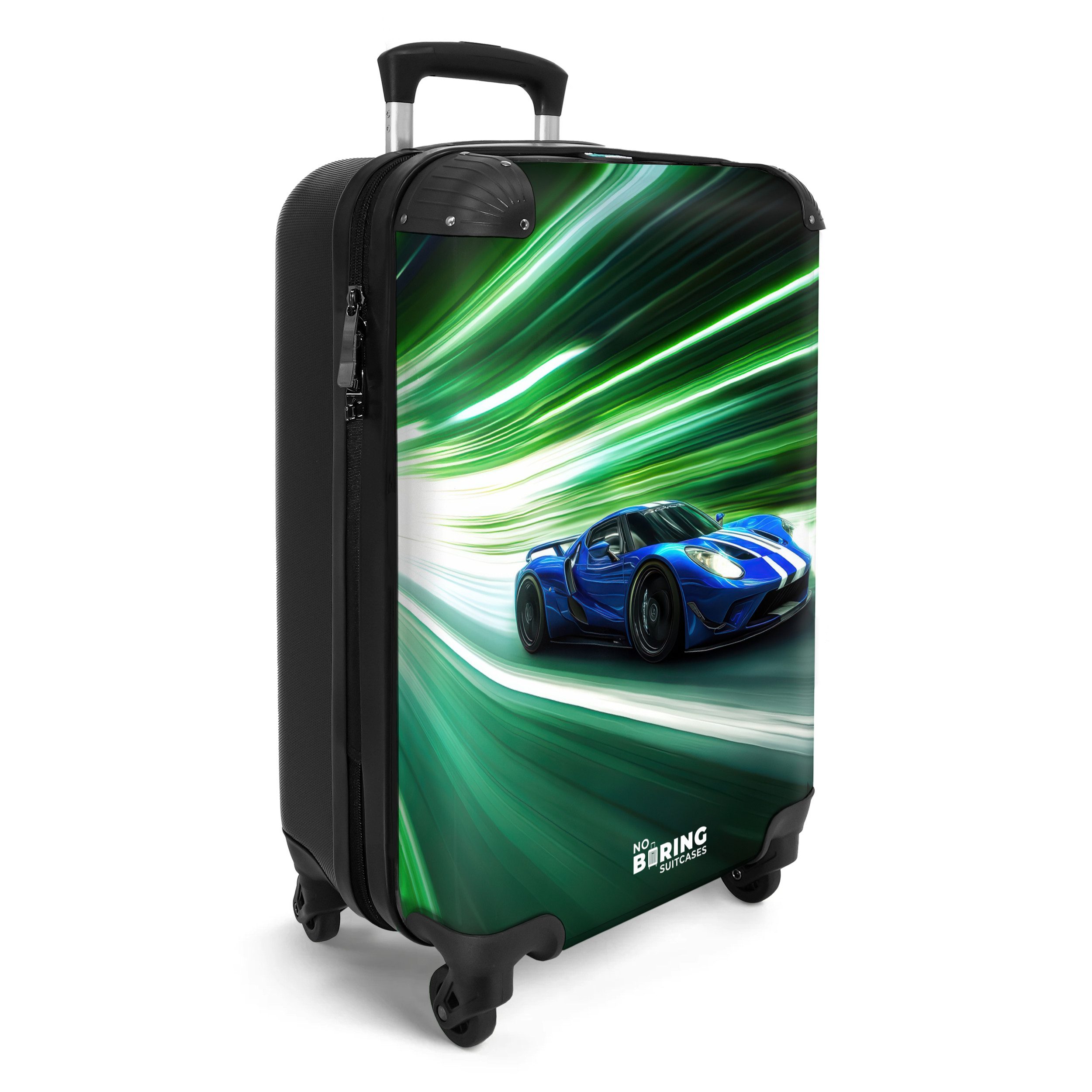 NoBoringSuitcases.com© Kinderkoffer Blauer Rennwagen mit Streifen in grünem Tunnel 55x35x20cm, 4 Rollen, Handgepäck Koffer, Hartschalenkoffer Kinder, Reisekoffer Jungen