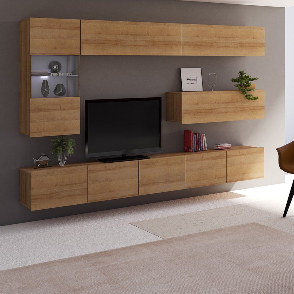 Lomadox Wohnwand CAIRNS-132, (5-St), in Eiche Nb., Modern, grifflos