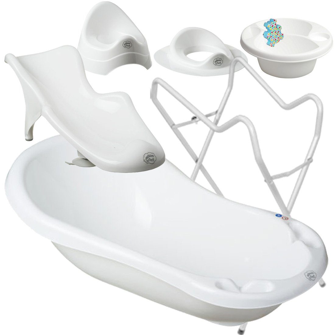 Maltex Babybadewanne Set 5-Teile Classic + Gestell Weiß -WASCHSCHÜSSEL Babybadeset Kind, (Made in Europe Premium Top Set), ** Babywanne + Badesitz + Topf + WC Aufsatz + Schüssel + Ständer **