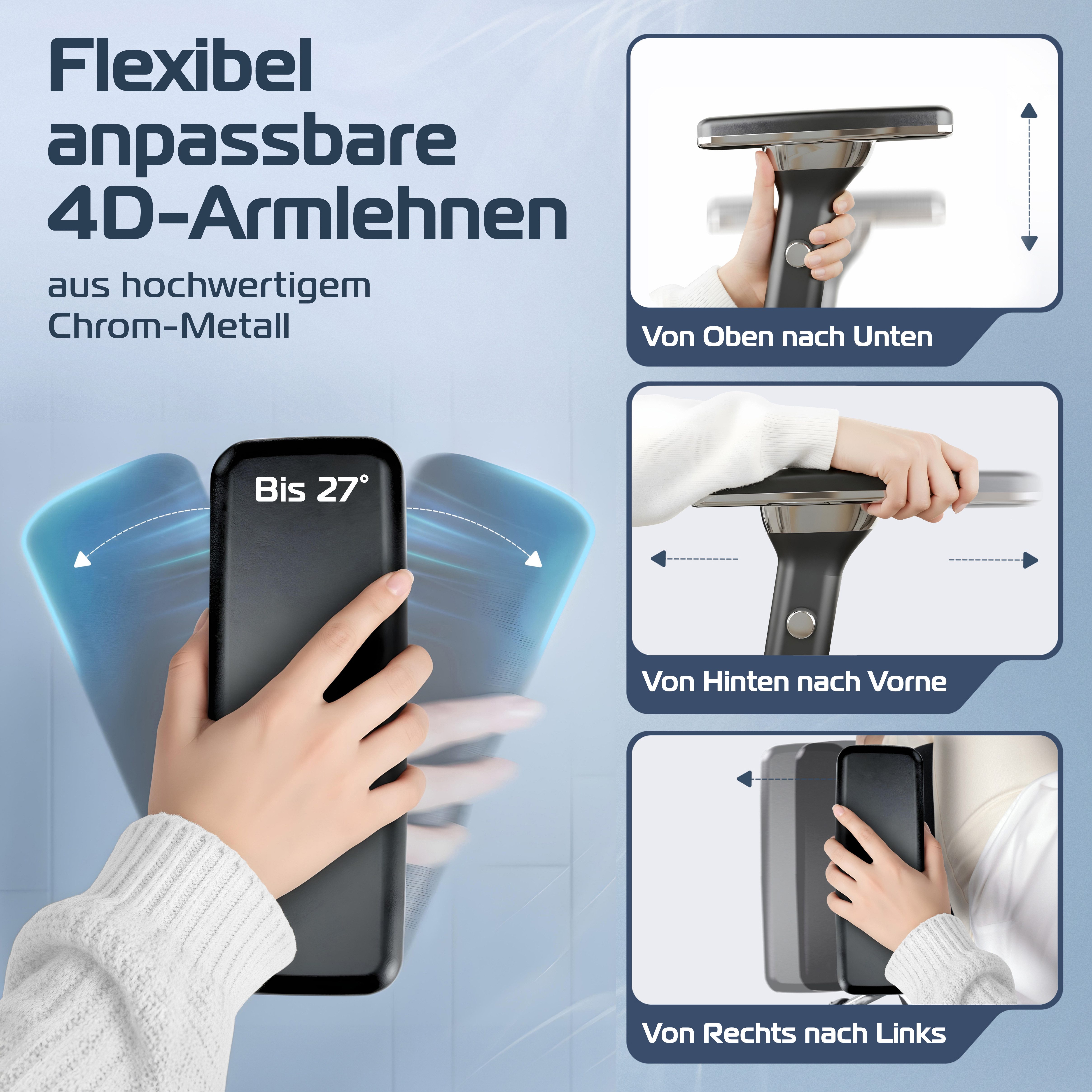 CLOUVOU Bürostuhl Ergonomisch, Schreibtischstuhl bis 150 kg - Testsieger (CleverSeat - Chefsessel für Arbeitszimmer, 4D Chrom-Metallarmlehne), Blade Wheels, Homeoffice, Gaming Stuhl, Drehstuhl
