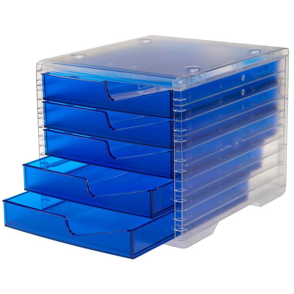 STYRO Schubladenbox 1 Schubladenbox styroswing light 5 Schubfächer transparent/blau, Stapelbar; Auszugsstopp; Geschlossene Schubladen; Geeignet für DIN C4