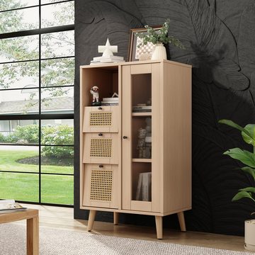 PFCTART Sideboard Multifunktionales Sideboard 110 cm Rattan Schubladen mit Kippfunktion (1 St., Sideboard, Stauraumschrank, Vitrine), 1 Tür mit 3 Schubladen