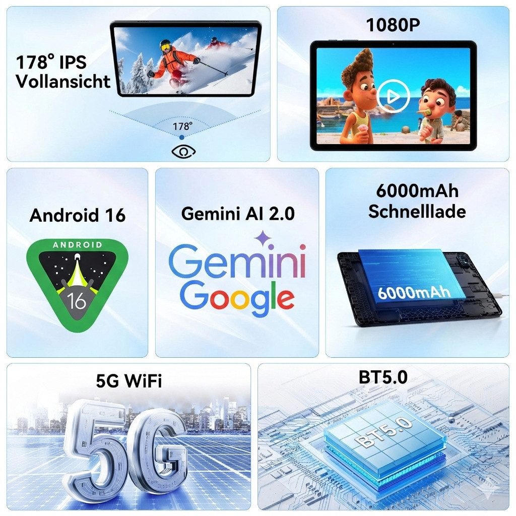 TABWEE T80 10" Android 16 64GB/128 GB incl. Stift Tablet (10.1", 128 GB, Android16, 5G wifi, Android 16, Gemini AI, mit Stift)