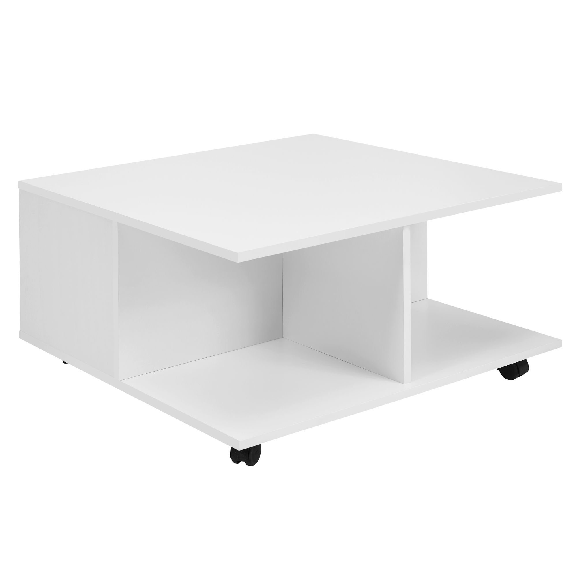 Wohnling Couchtisch WL6.066 (70x70 cm Weiß mit Fächern, Sofatisch Eckig), Wohnzimmertisch mit 2 Schubladen, Tisch mit Rollen