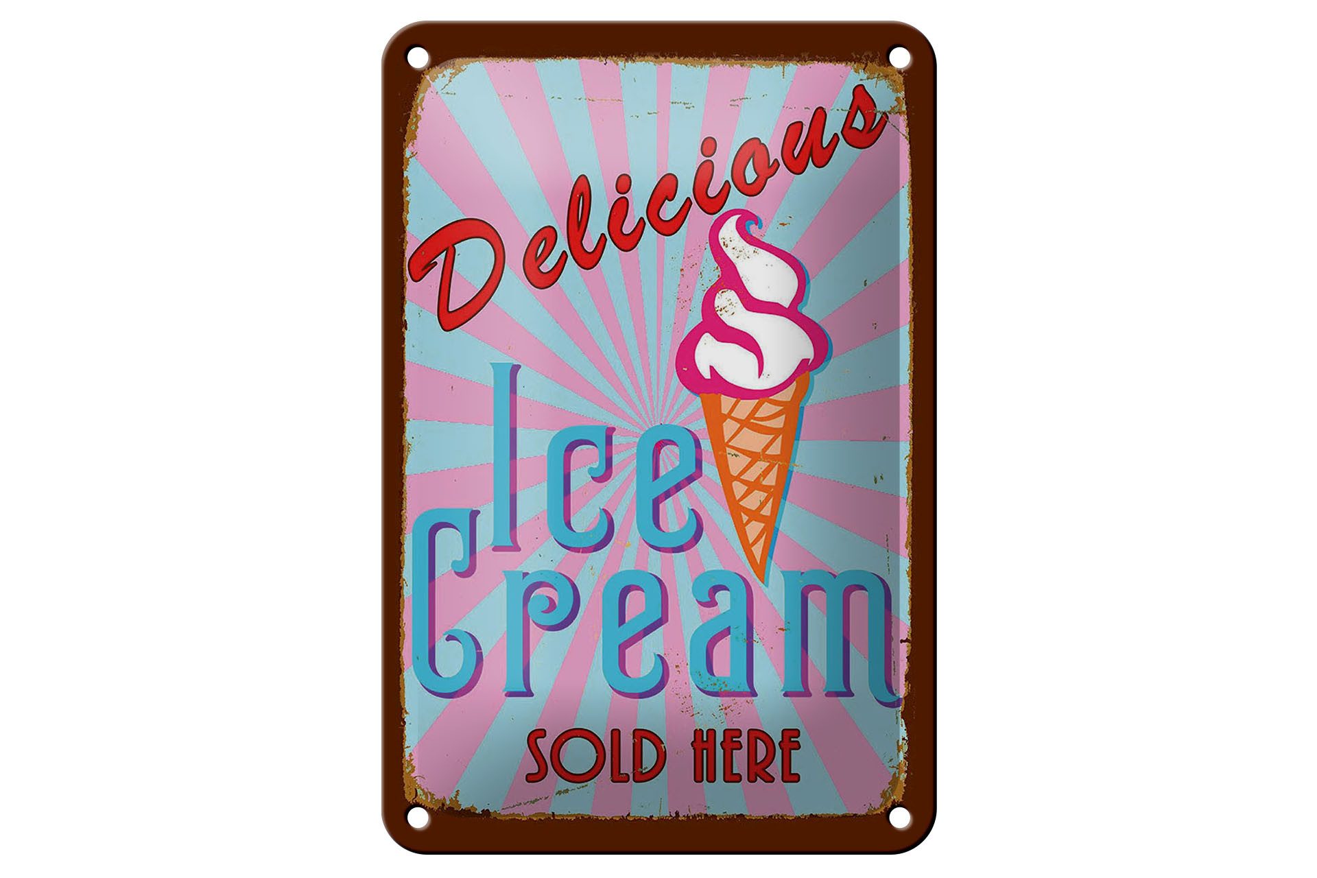 Femer GmbH Metallschild Reklame 12x18 cm Delicious Ice Cream sold here, (1 St), gewölbte Oberfläche, abgerundete Ecken, umgeschlagene Kanten