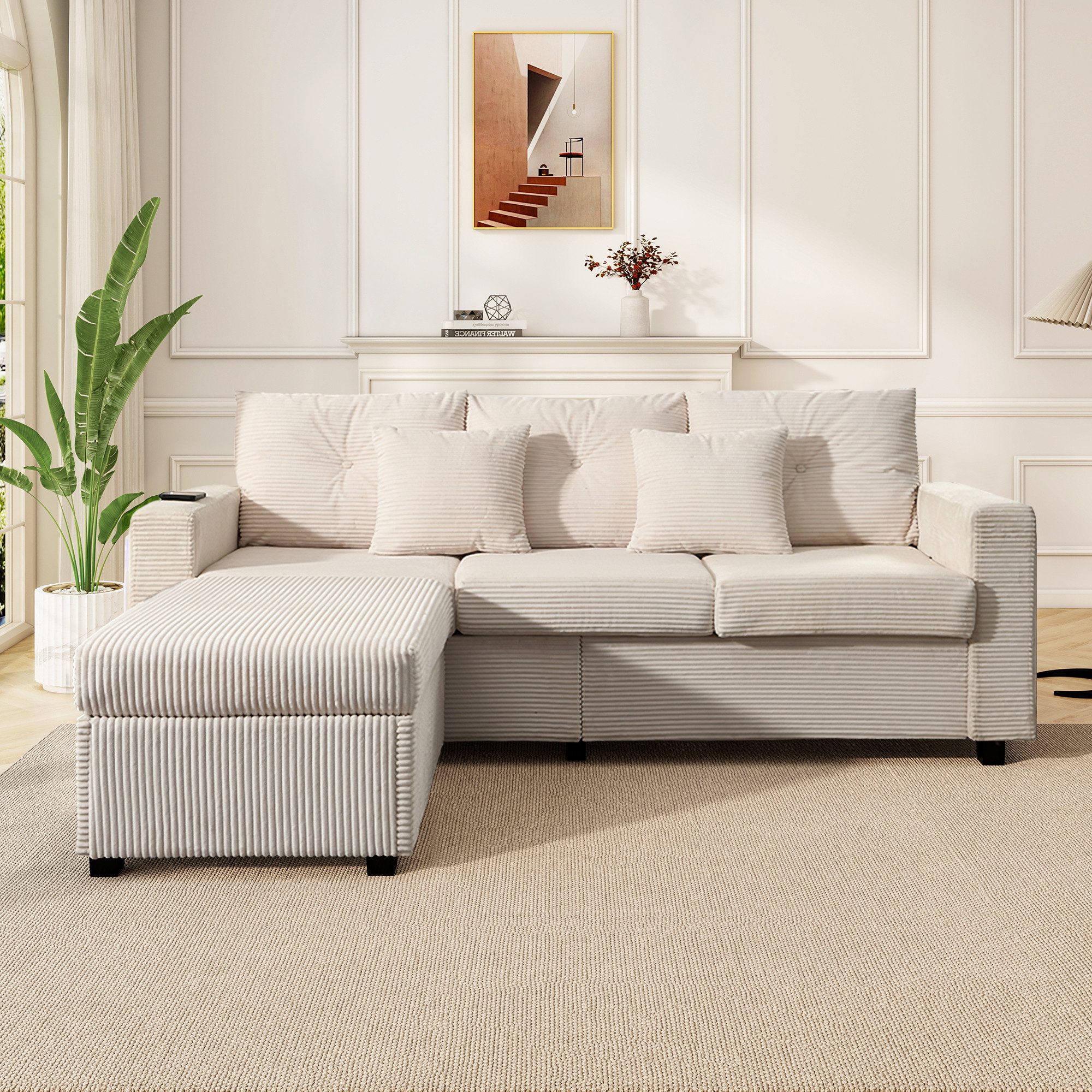 Merax 3-Sitzer L-förmiges Sofa mit LED-Beleuchtung, Wolkenweiches Sitzgefühl, Modulares Design, Cordstoff 1 Teile, 3-Sitzer Sofa mit Extra großer Ottoman, Seite – Bild 2 von 5