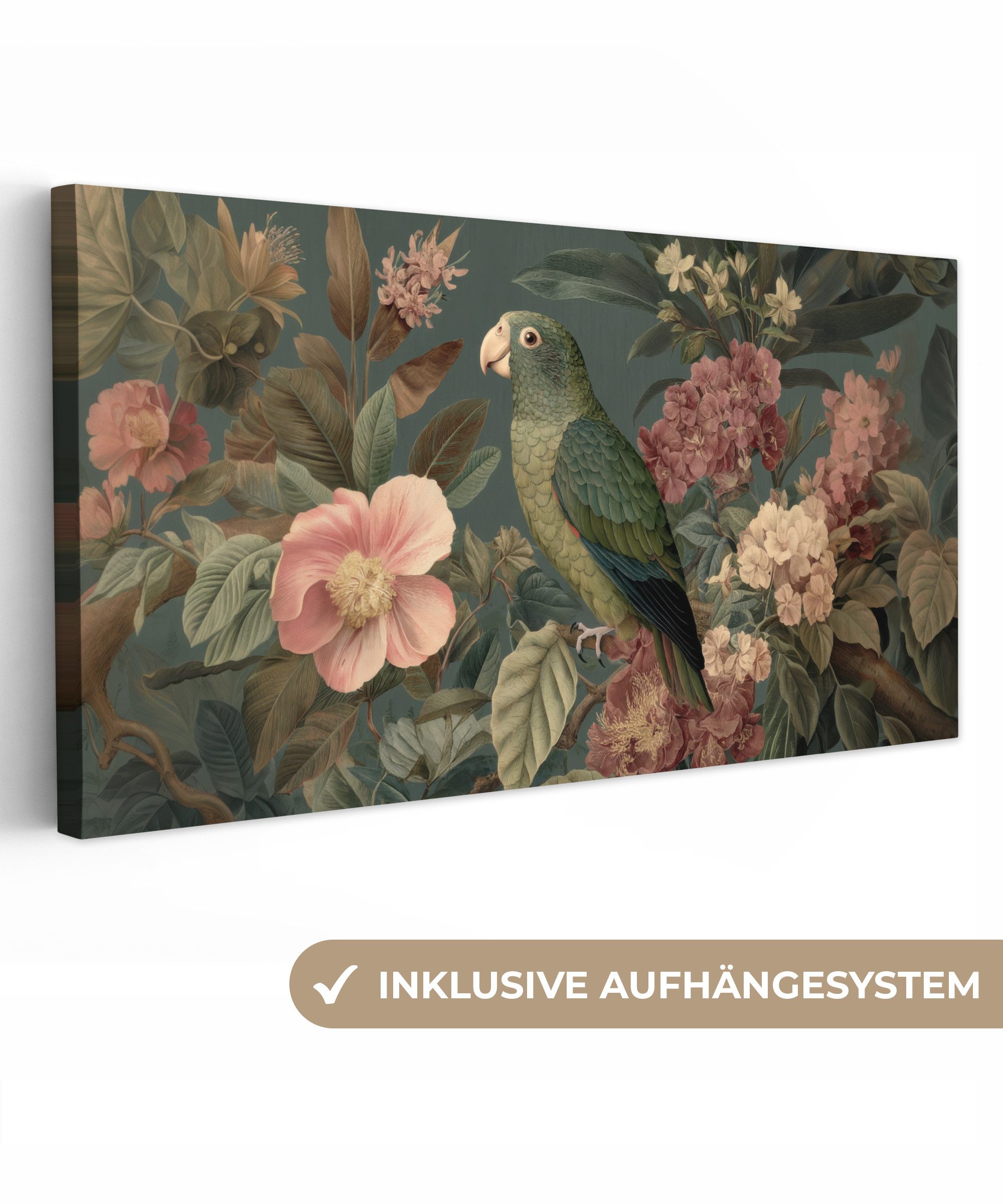 OneMillionCanvasses® Leinwandbild Panorama Grüner Papagei - Bunte Blumen - Dunkler Hintergrund, Fotodruck (1 St), Wandbild, Deko Schlafzimmer Wohnzimmer Flur 40x20 cm