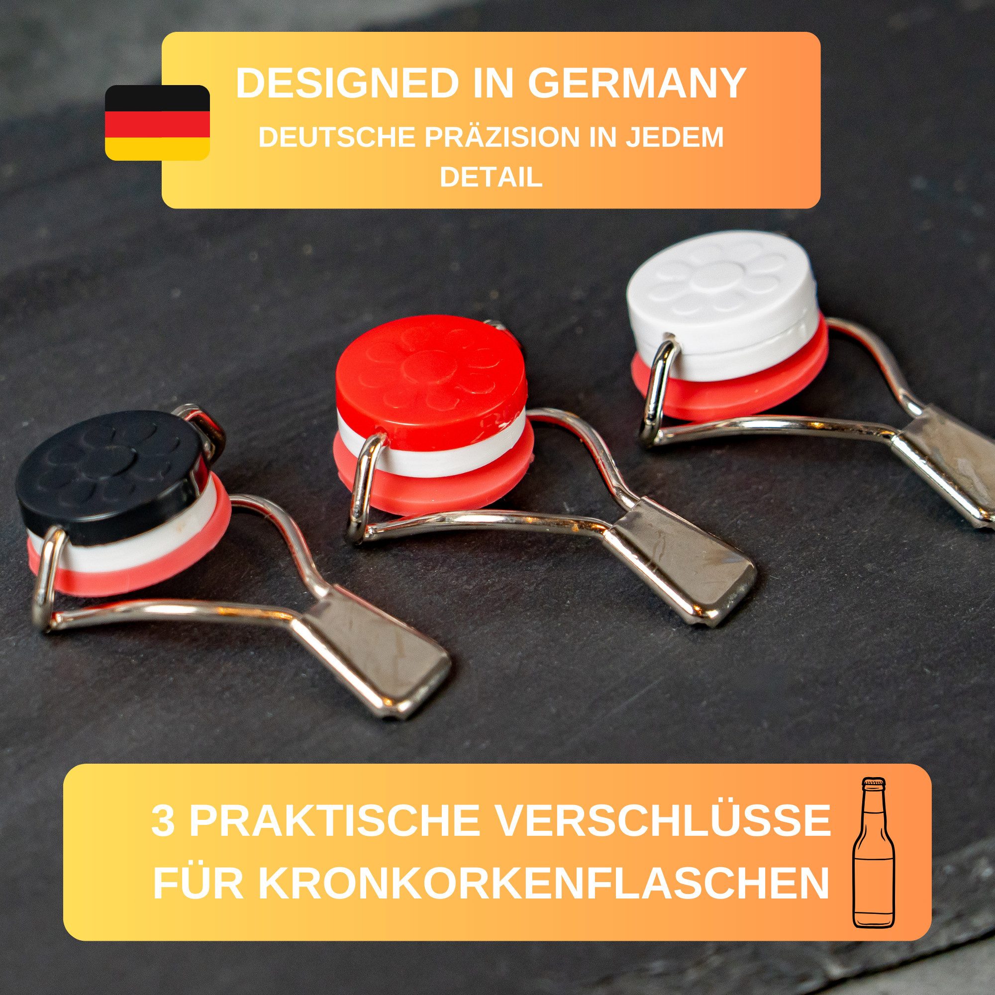 Thiru Flaschenverschluss 3er Set mit Hebel und Silikondichtung aus rostfreiem Stahl, (3-tlg), mit Silikondichtung & Hebel zum Verschließen von Kronkorkenflaschen
