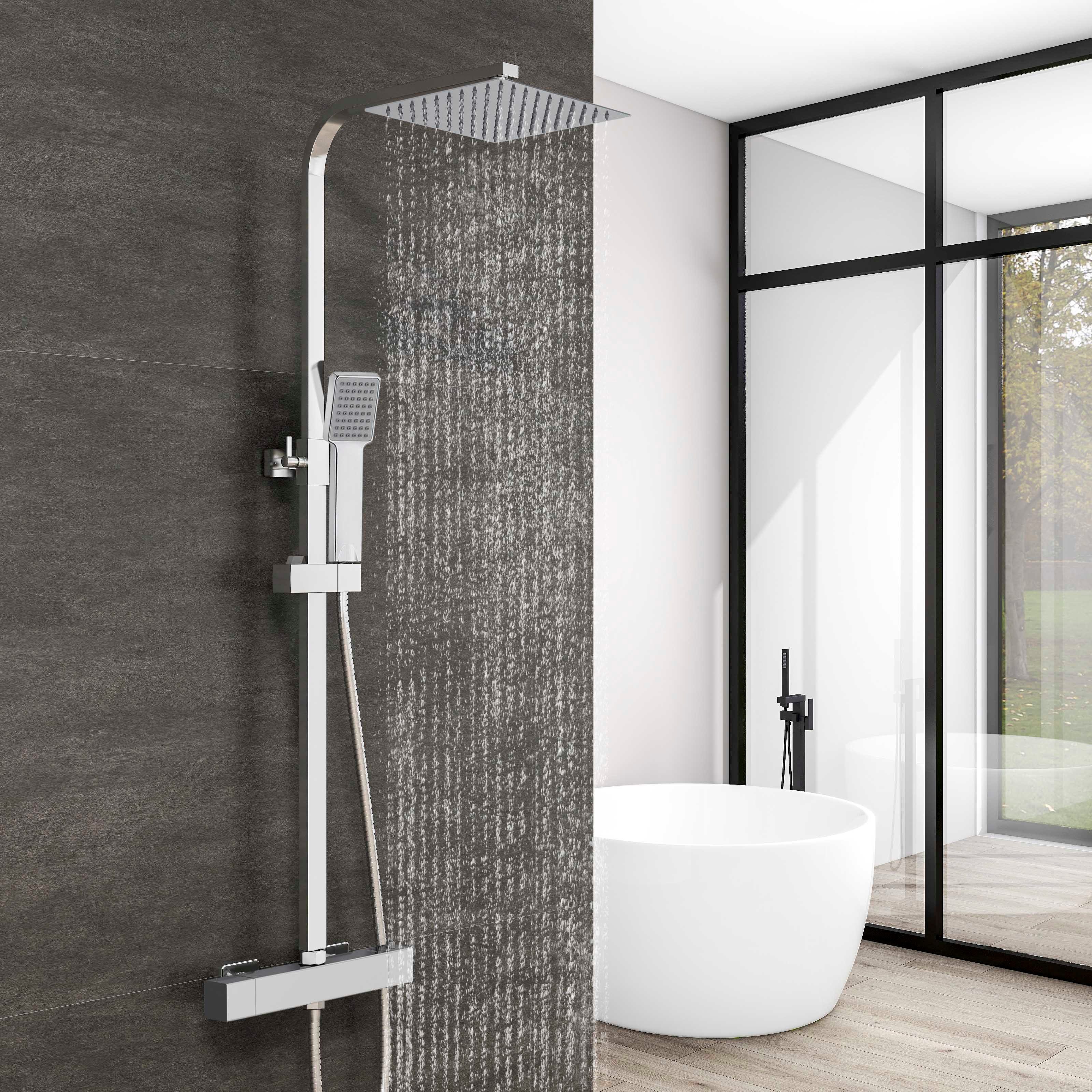 duschspa Duschsystem Duschset mit Thermostat 38℃ verstellbare Duschstange aus Edelstahl, 2 Strahlart(en), Regendusche mit quadratischem Duschkopf 20/30cm