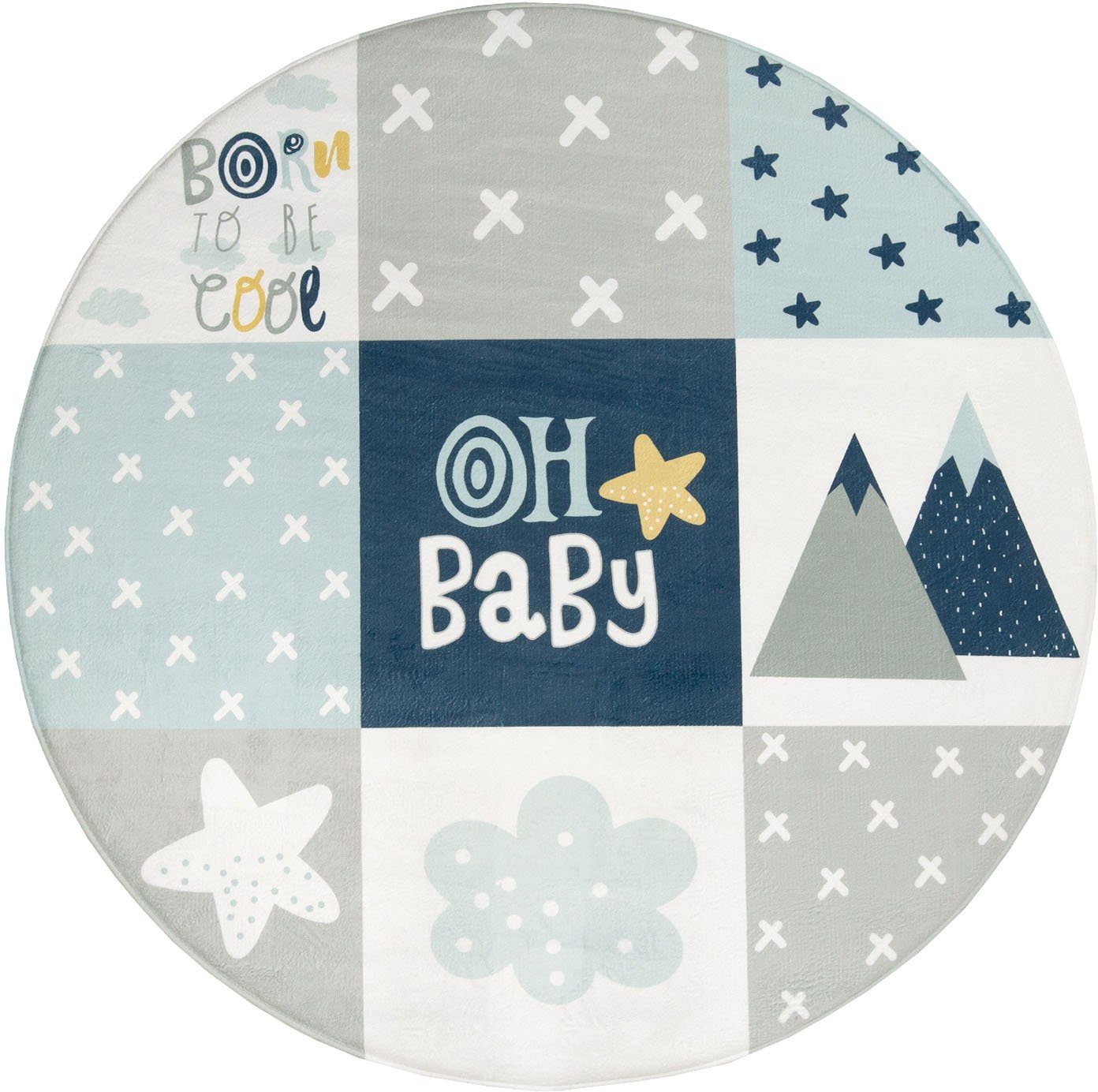Paco Home Kinderteppich Chicos 554, rund, Höhe: 2 mm, gewebt, Patchwork Design, mit Schriftzug & Regenbogen oder Sternen