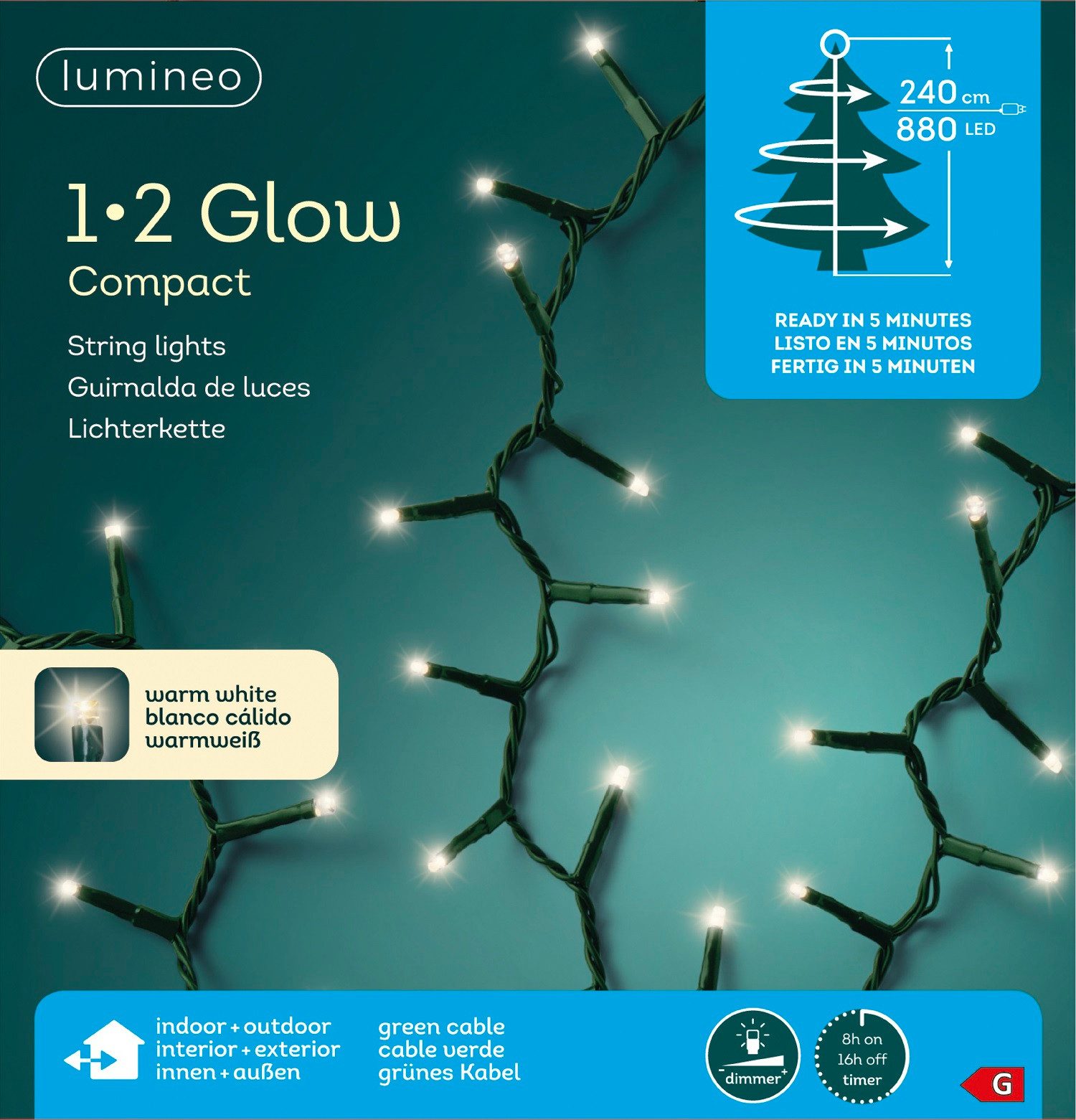 Lumineo LED-Lichterkette Lumineo Lichterkette 1-2 Glow Compact 880 LED 2,4 m warm weiß, Timer, Dimmbar, Timer, Indoor, Outdoor, IP44-Schutz