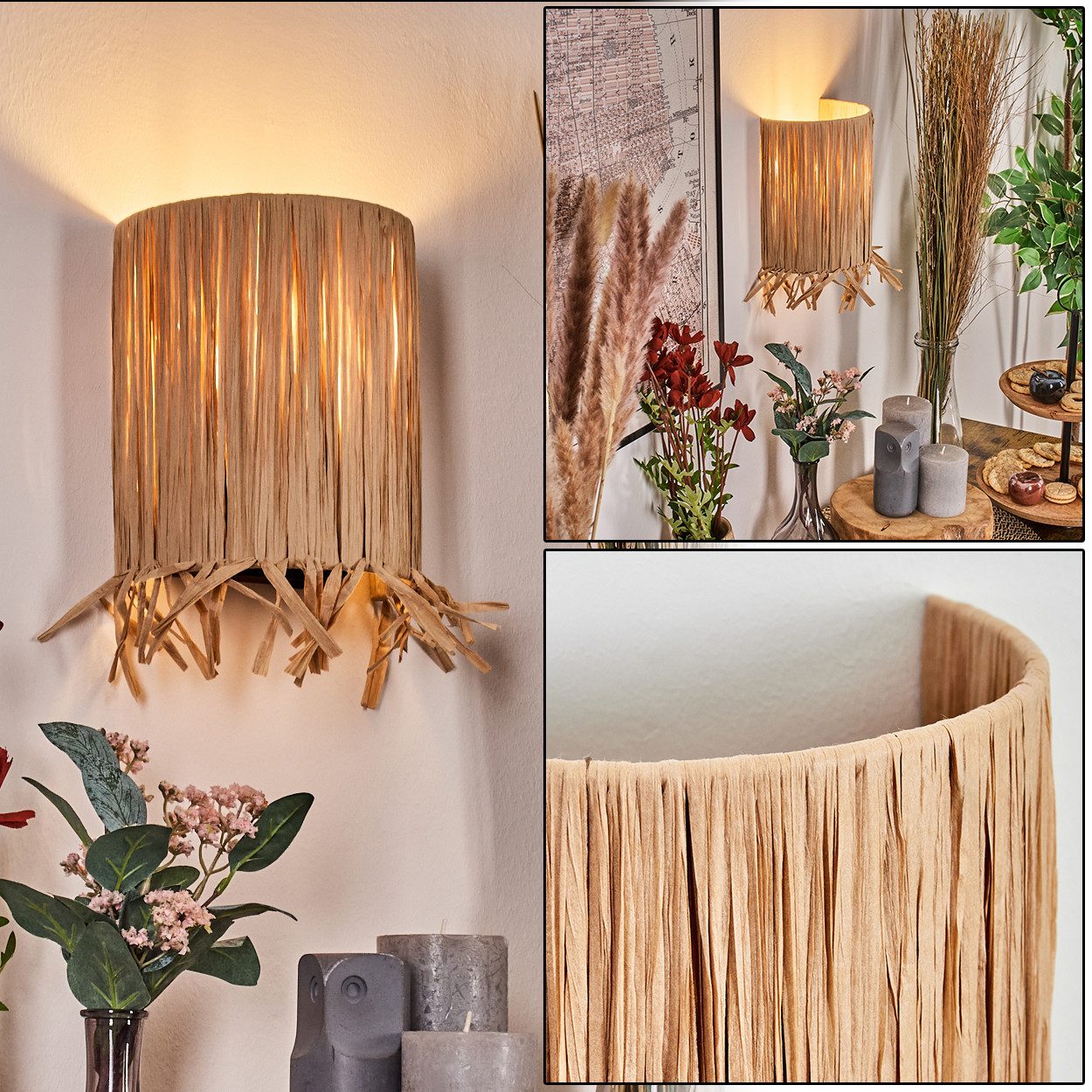hofstein Wandleuchte Wandlampe aus Metall/Bast in Schwarz/Natur mit Lichteffekt, Wandleuchte Boho-Design, Stecker u. Schalter, abnehmbares Kabel, E27