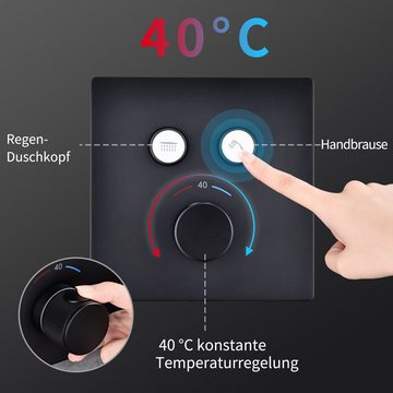 HOMELODY Duschsystem Schwarz Unterputz Duschsystem mit Thermostat 40℃ Messingkörper, 3 Strahlart(en), Regendusche inkl.Übergroßer Kopfbrause Handbrause mit 3 Funktionen