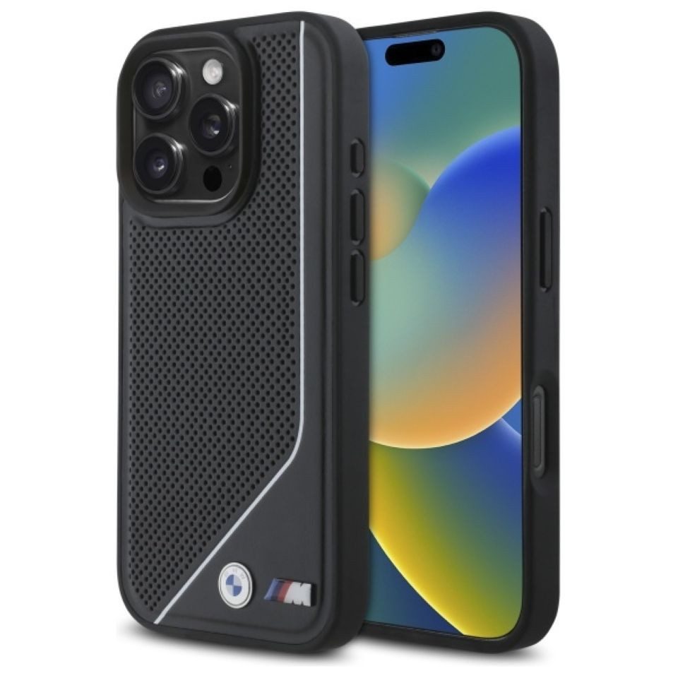 BMW Handyhülle iPhone 16 Pro Kunstleder schwarz MagSafe Logo Metall 6,3 Zoll, Kantenschutz