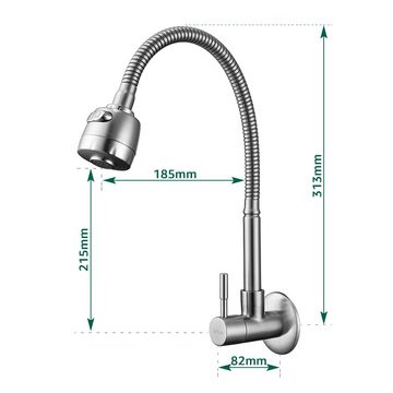 aihom Küchenarmatur Wandmontage nur Kaltwasser Armatur Wandarmatur 360° Schwenkbar Doppelfunktion, Edelstahl Gebürst