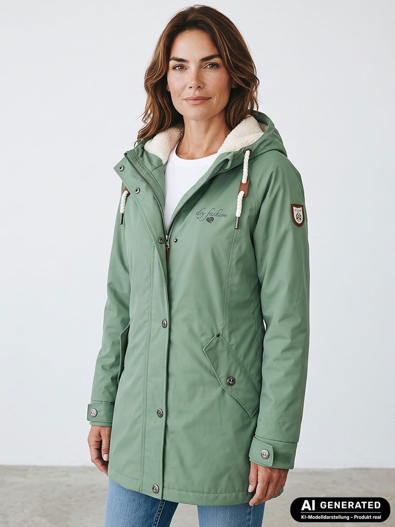 Dry Fashion Regenmantel Malmö Damen Regenjacke Teddy-Fleece-Futter - Outdoor-Jacke Wasserdicht Winddicht, Verschweißte Nähte, 2-Wege-Reißverschluss abgedeckt, Kapuze