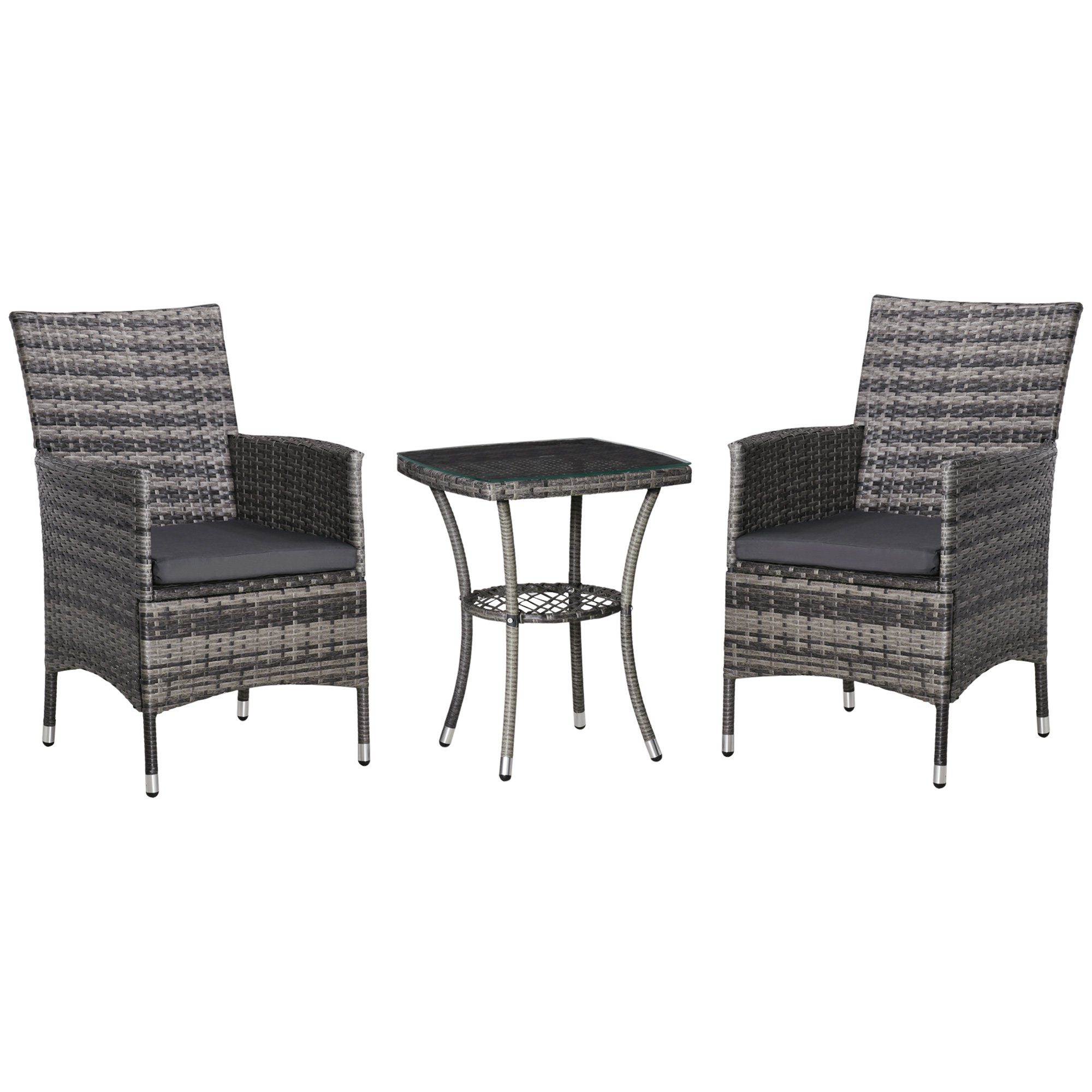 Outsunny Sitzgruppe Rattan Gartenmöbel Set mit Beistelltisch Bistroset, (Sitzgarnitur, 3-tlg., Gartenmöbel Set), Dunkelgrau 60 x 58,5 x 89,5 cm