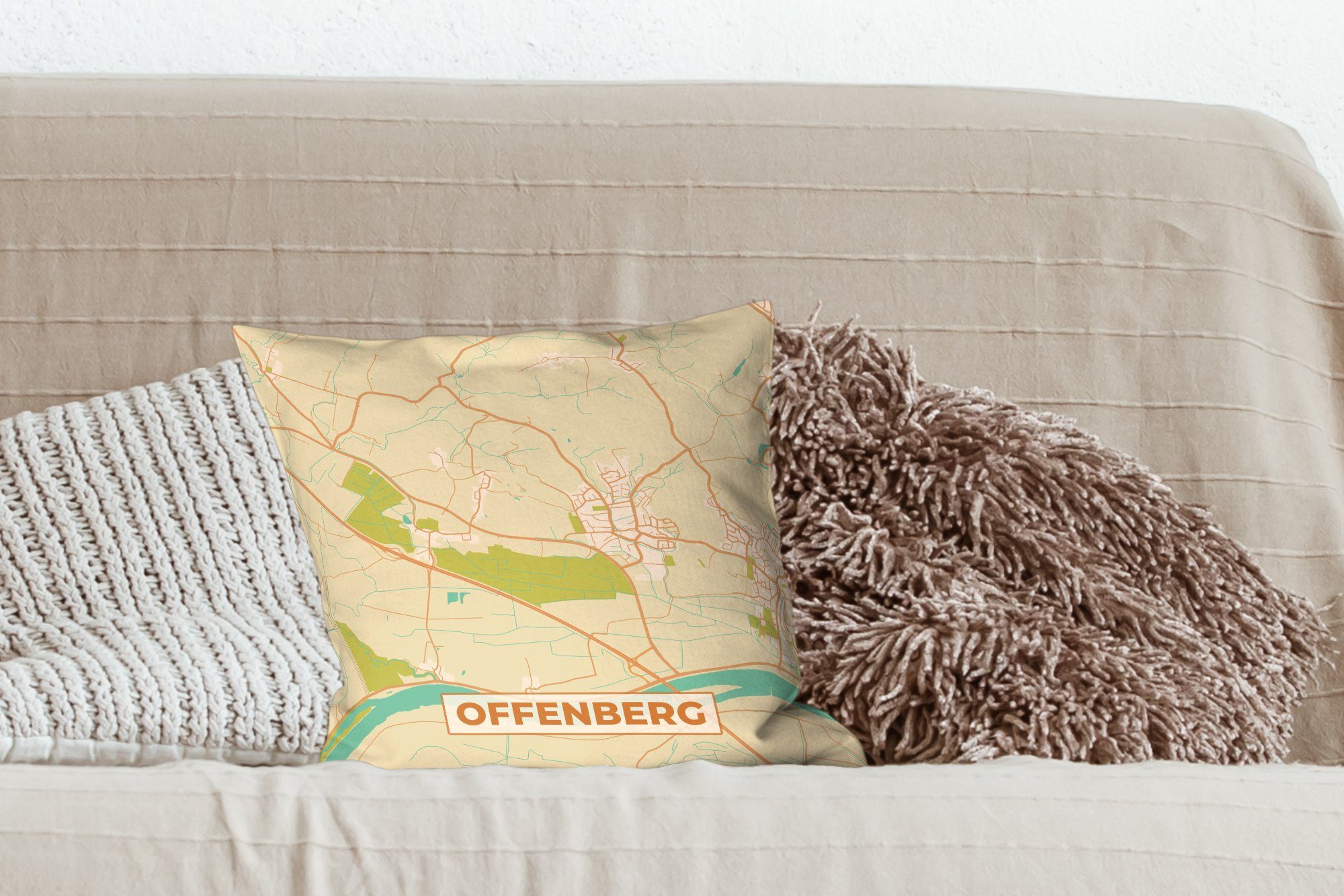 Karte, Zierkissen Füllung Stadtplan für - mit MuchoWow Offenberg - Dekokissen Vintage - Schlafzimmer, Deko, Sofakissen Wohzimmer,