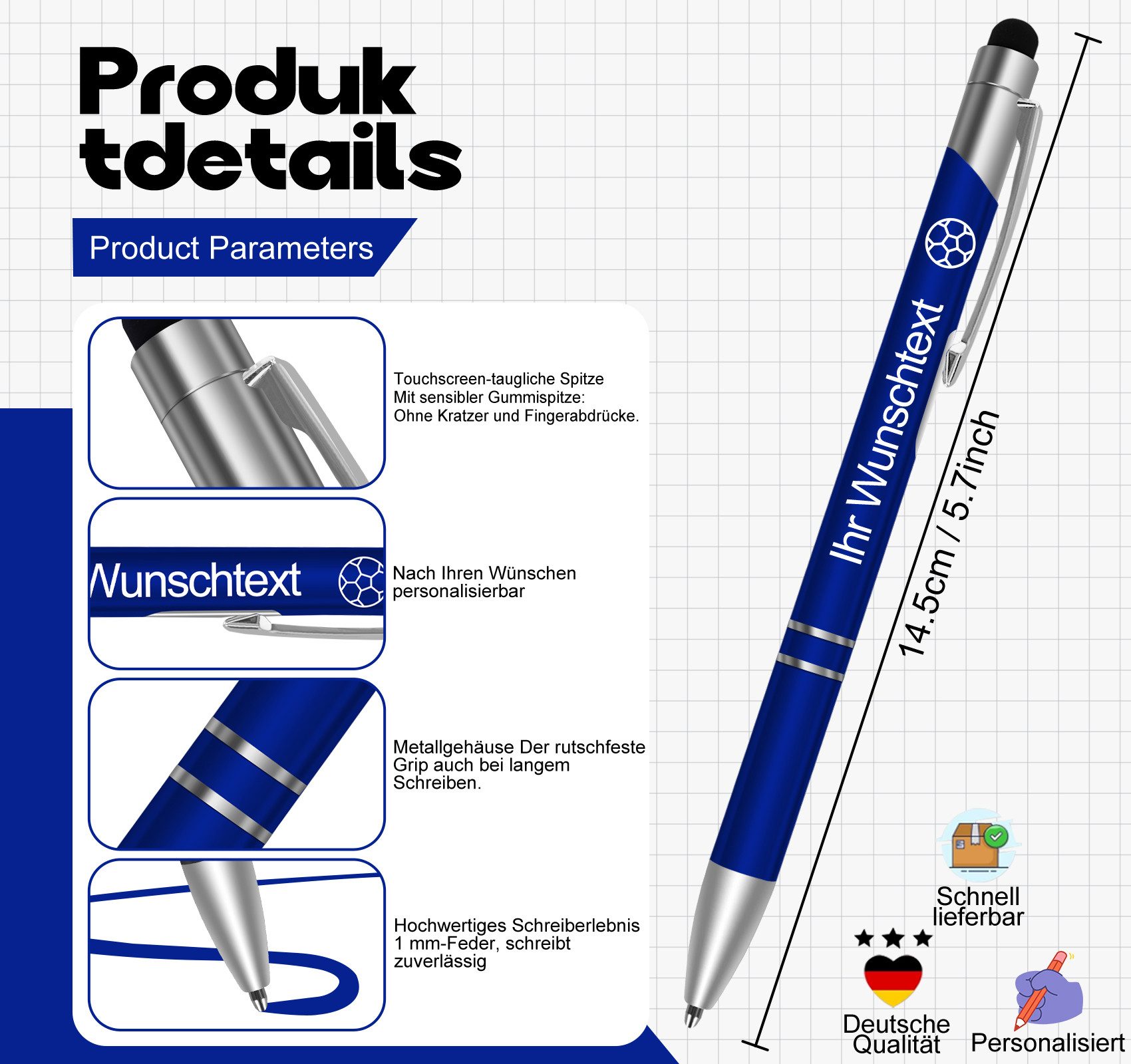 lindahandel Kugelschreiber Personalisierter Kugelschreiber mit Gravur, individueller Name Text, (10-tlg), blaue Tinte, Geschenk für Geburtstag Büro,Metall Kugel – Bild 5 von 5