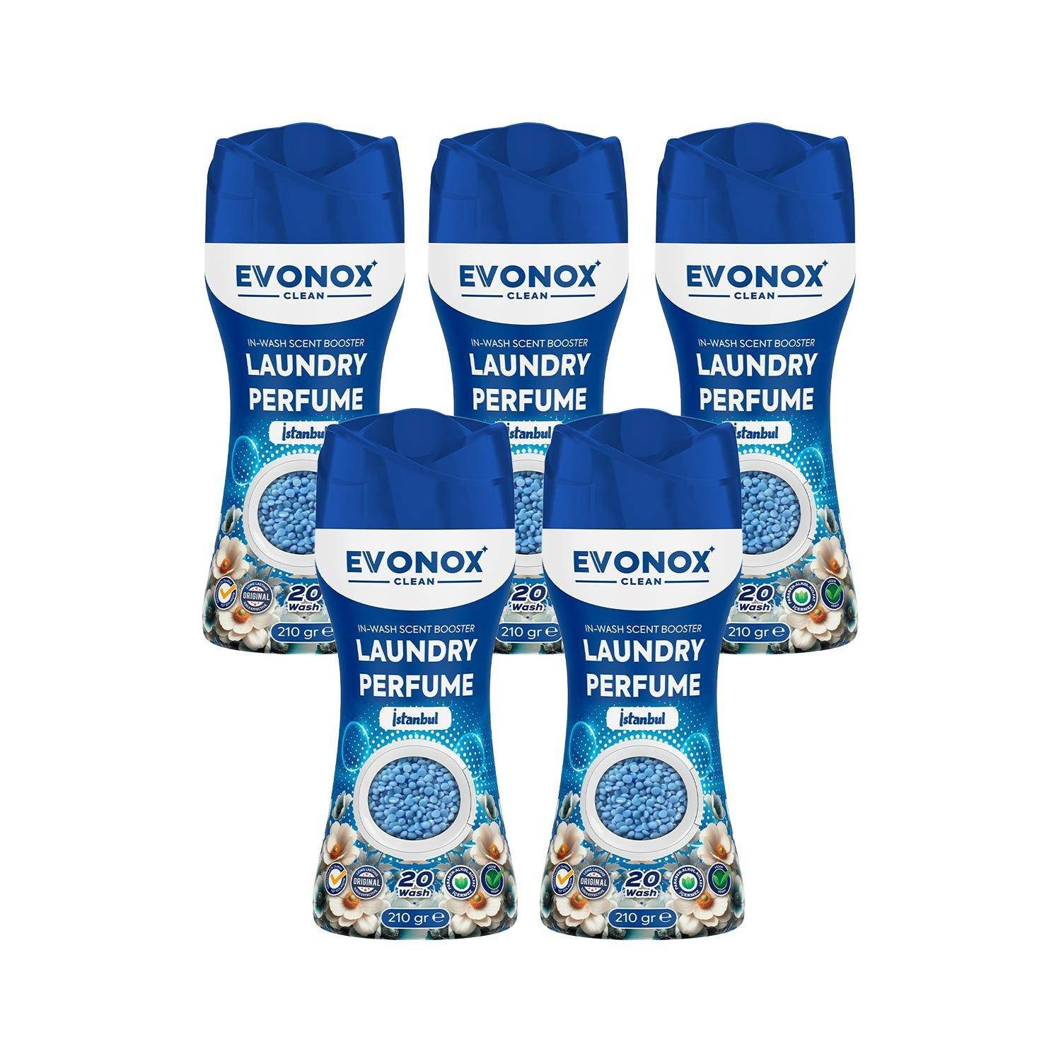 EVONOX Wäscheparfüm Wäscheparfüm–lang anhaltende Frische für alle Textil Orchidee & Lilie (5-St), Parfüm für Waschmaschinen 210 g