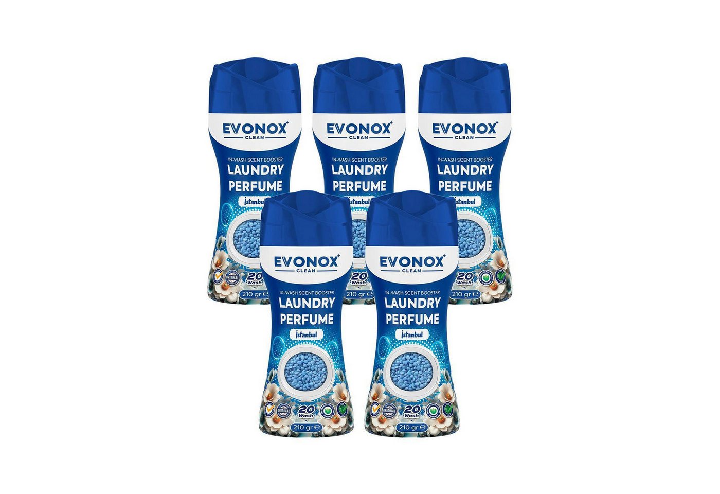 EVONOX Wäscheparfüm Wäscheparfüm–lang anhaltende Frische für alle Textil Orchidee & Lilie (5-St), Parfüm für Waschmaschinen 210 g