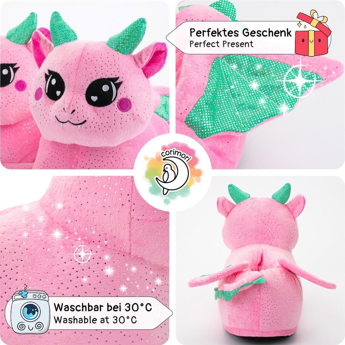 Corimori Süße Drachen Pantoffeln im Anime Kawaii-Look Plüsch Hausschuhe (Packung, Geschenk) weiche, warme Pantoffeln, EU Einheitsgröße 34-44, Glimmer der Drache