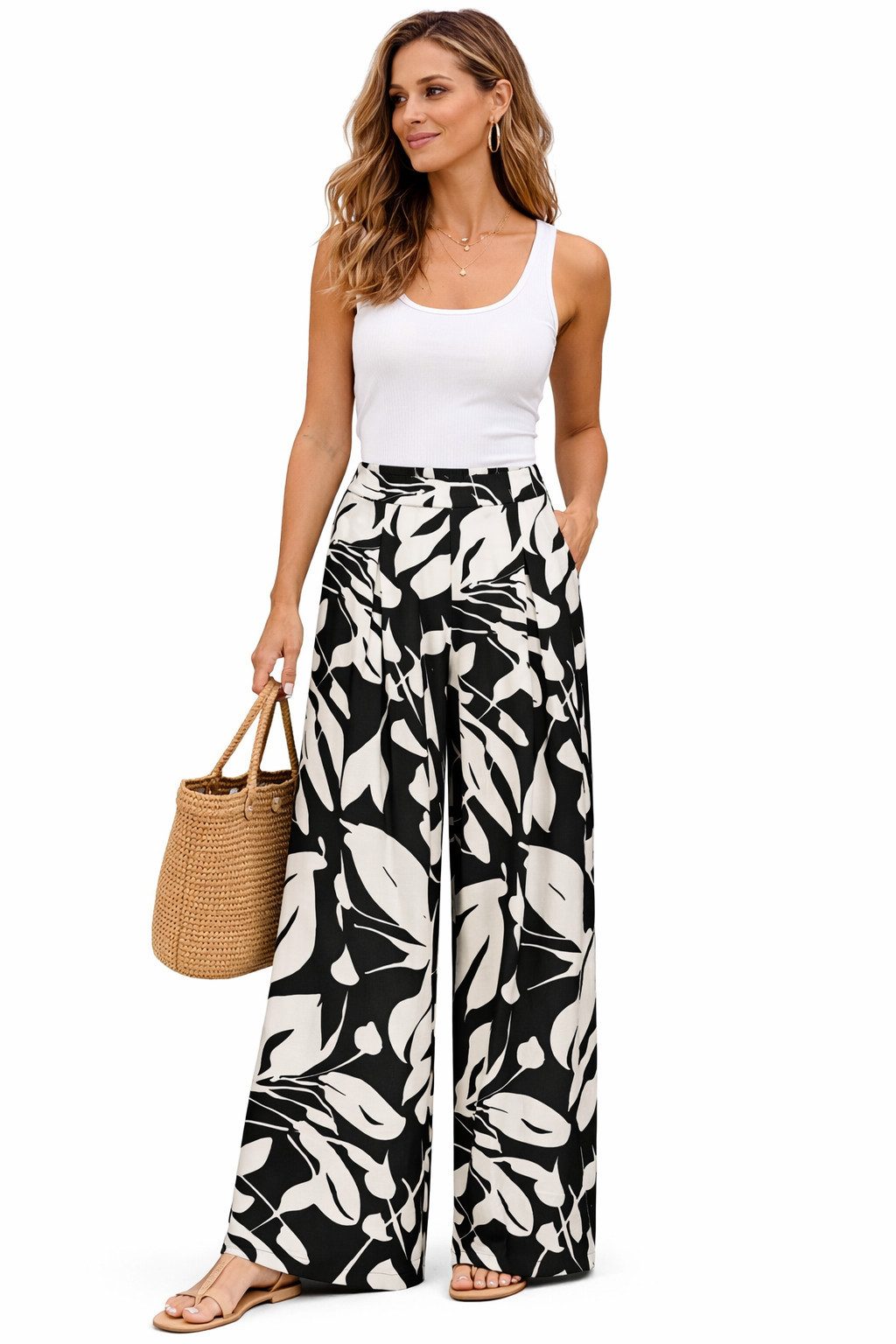 SUBLEVEL Chinos Damen Luftige Sommerhose Freizeit Weit geschnitten Stoff Palazzo-Hose