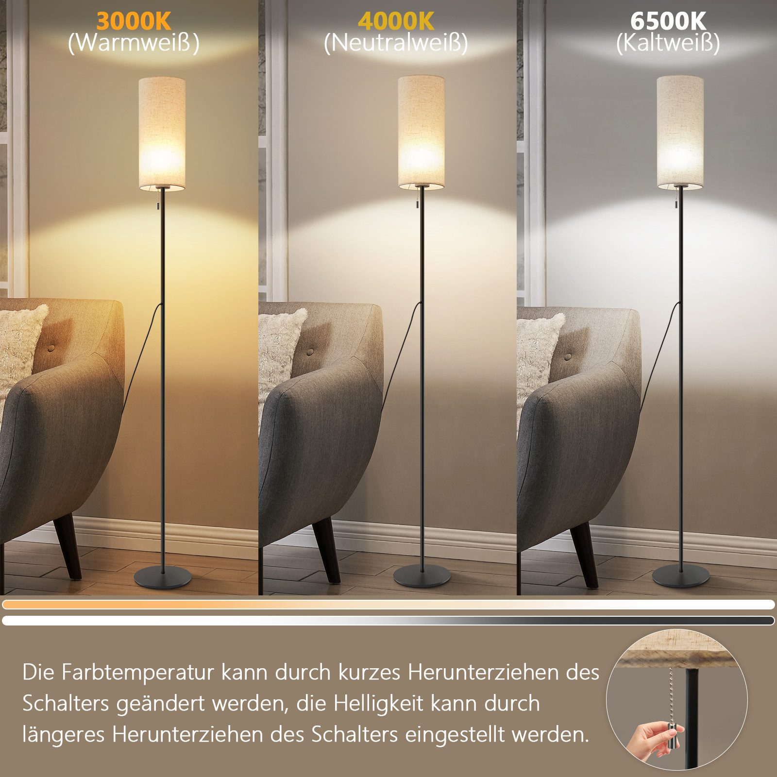 ZMH LED Stehlampe Wohnzimmer dimmbar 4W Weiß Retro Metall Stoffschirm Schlafzimmer, LED fest integriert, Warmweiß-Neutralweiß-Kaltweiß, Beige Lampenschirm Retro – Bild 3 von 5
