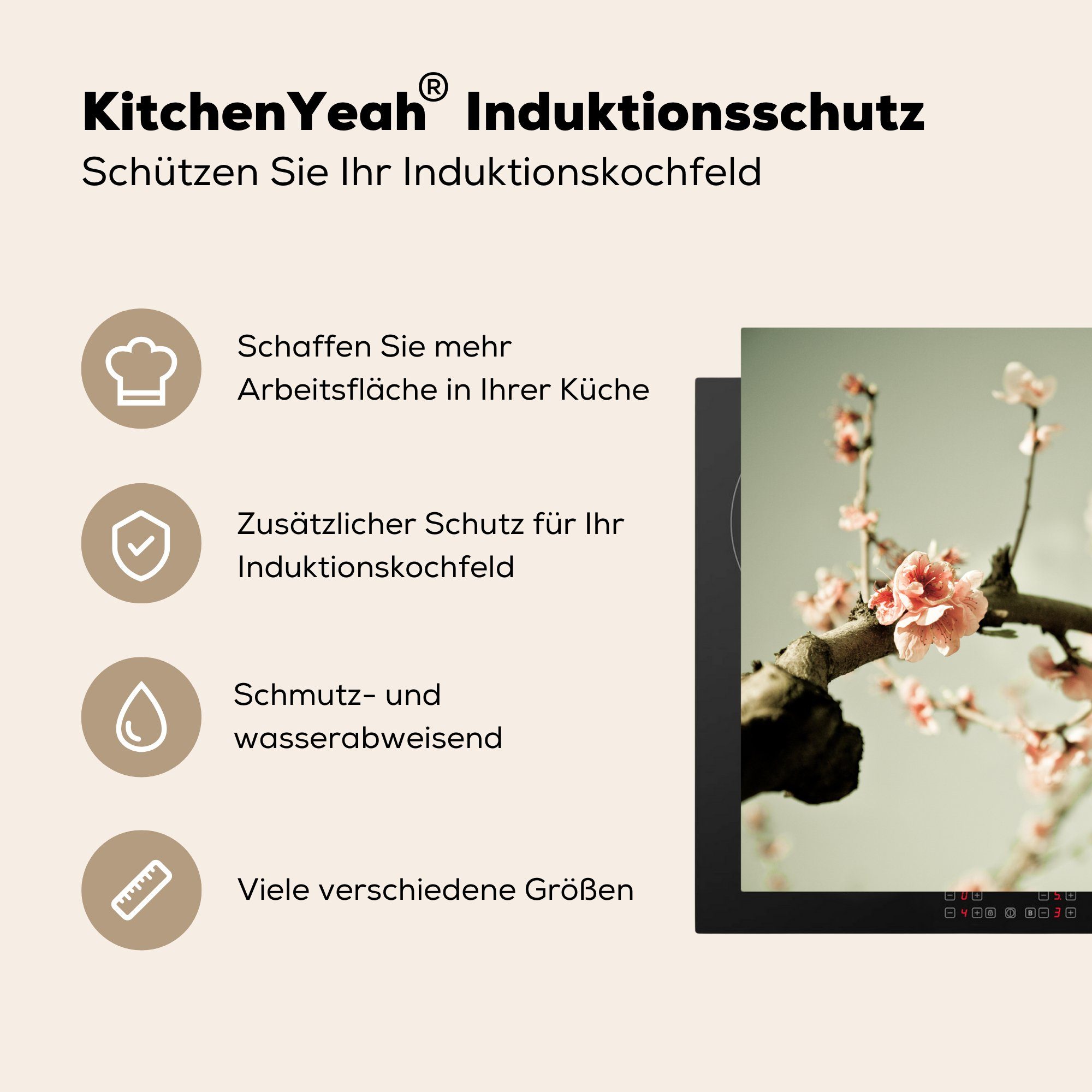 MuchoWow Herdblende-/Abdeckplatte küche, Induktionskochfeld (1 Vinyl, tlg), Zweig Schutz Ceranfeldabdeckung für cm, 71x52 Pfirsichblüte, die mit