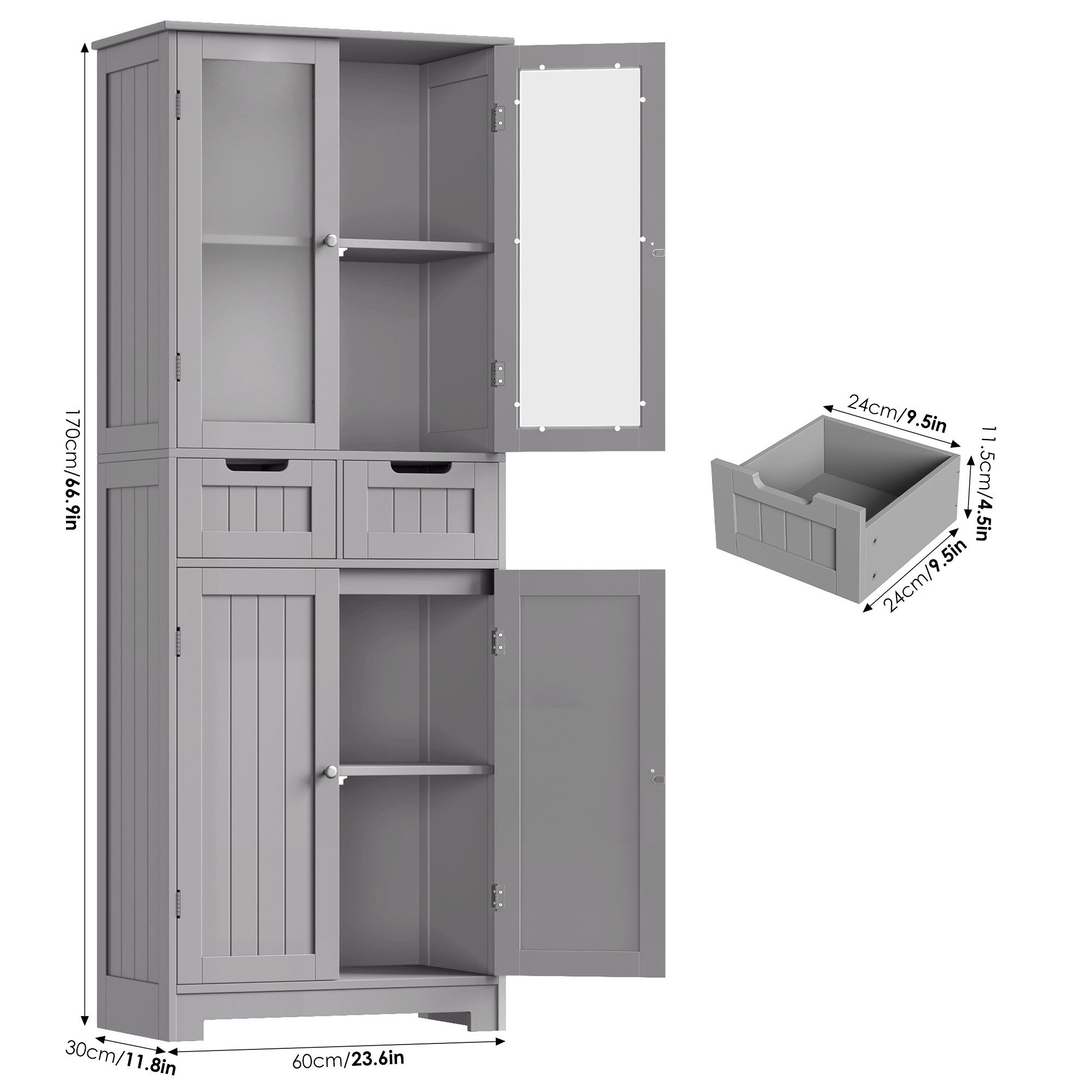 HOMECHO Hochschrank Badschrank mit 4 Türen 2 Schubladen für Küche, Bad, Weiß
