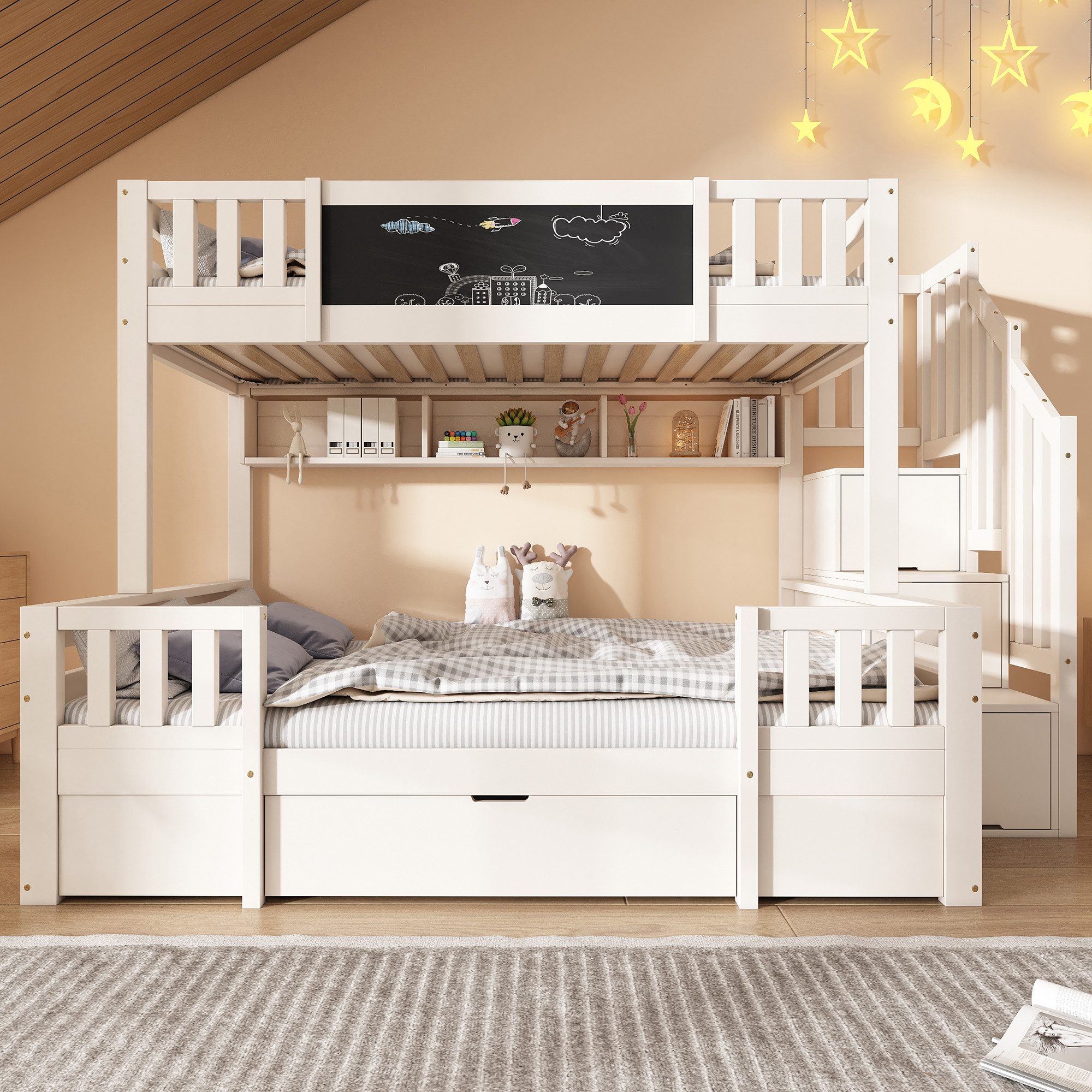 MODFU Hochbett Kinder-Etagenbett mit integriertem Stauraum-System (Etagenbett,Hochbett, Kinderbett, 1-St., Maße 90x200 & 140x200 cm, ohne Matratze – vielseitig) Mit Kreidetafel, Treppenschrank & Schubladen, in Weiß