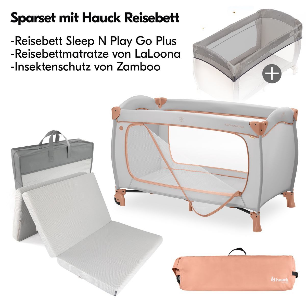 Hauck Baby-Reisebett Sleep N Play Go Plus Set - Dusty Cork, Baby Kinder Reisebett mit Eingang, Matratze, Insektenschutz & Rollen